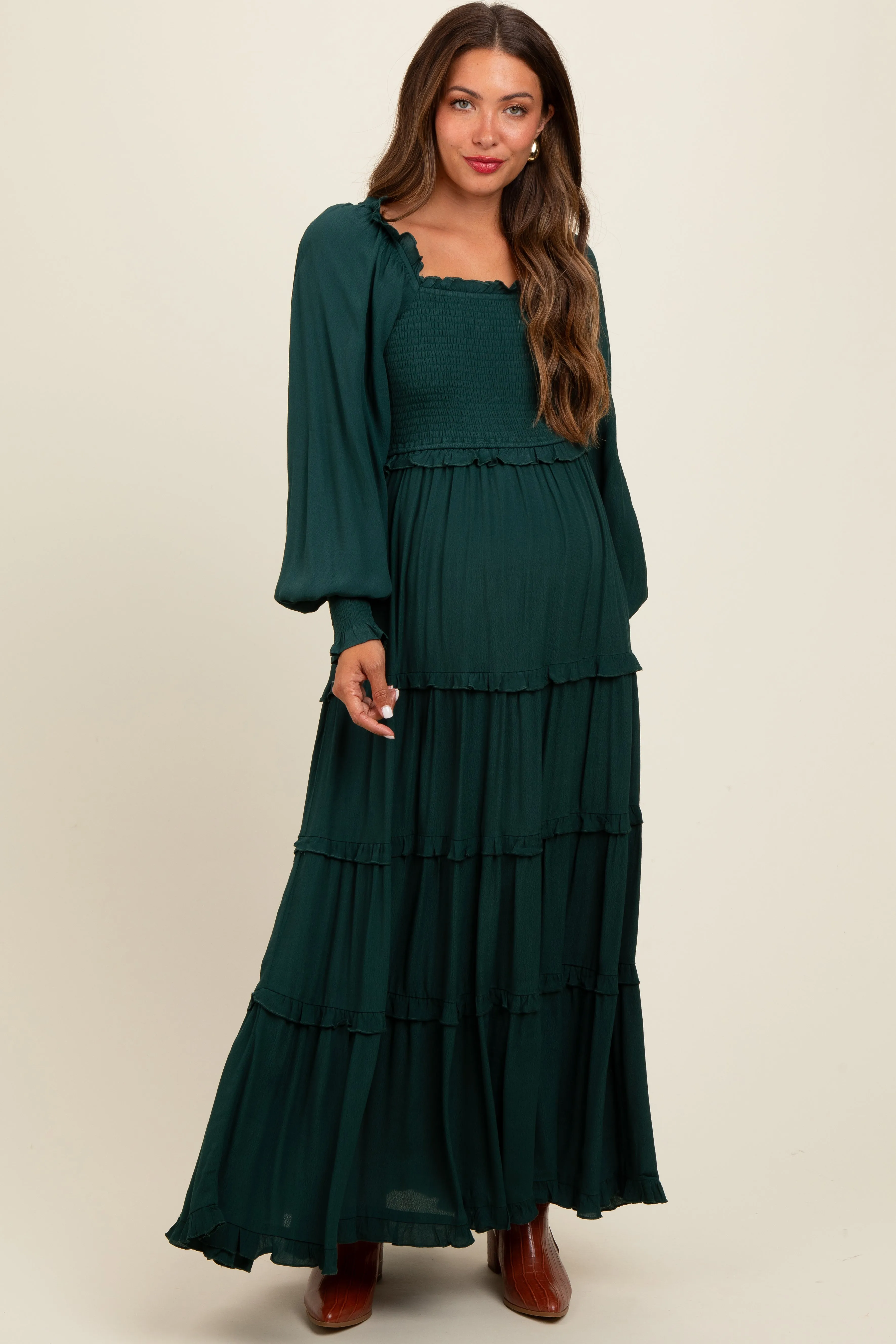 Forest Green Smocked Long Sleeve Ruffle Tiered Maternity Maxi Dress sold by Pinkblush product image thumbnail 2