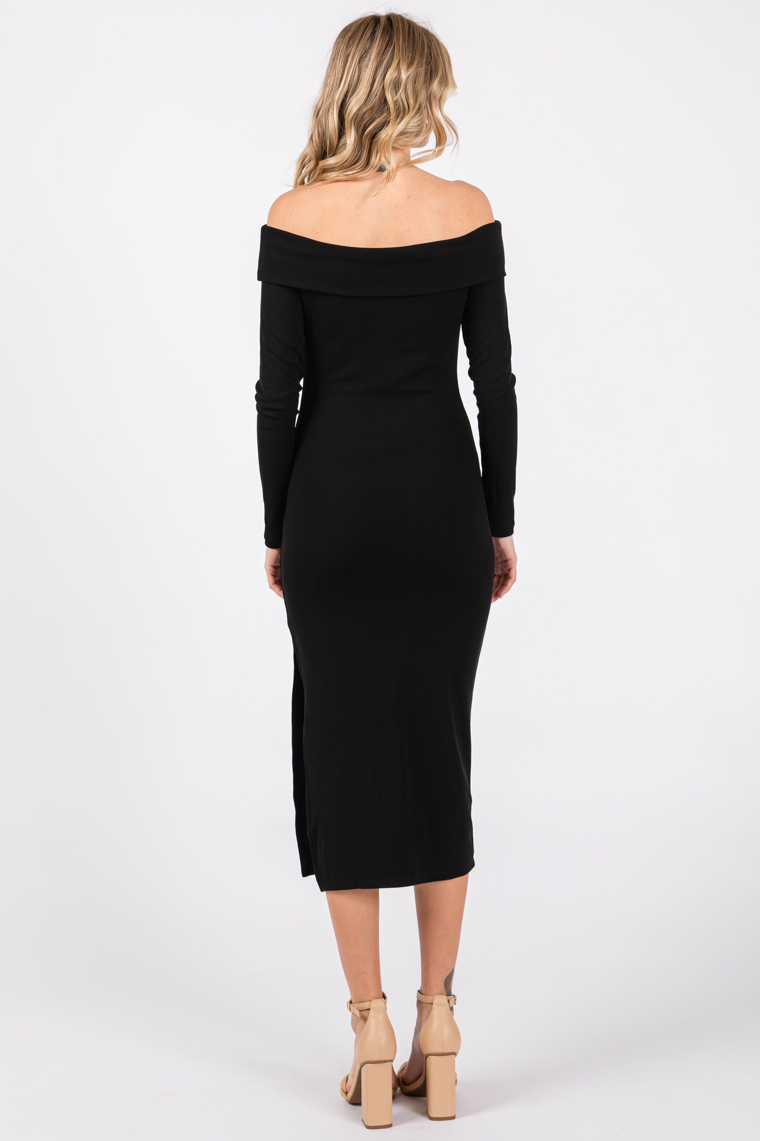 Black Ribbed Off Shoulder Side Slit Midi Dress sold by Pinkblush product image thumbnail 3