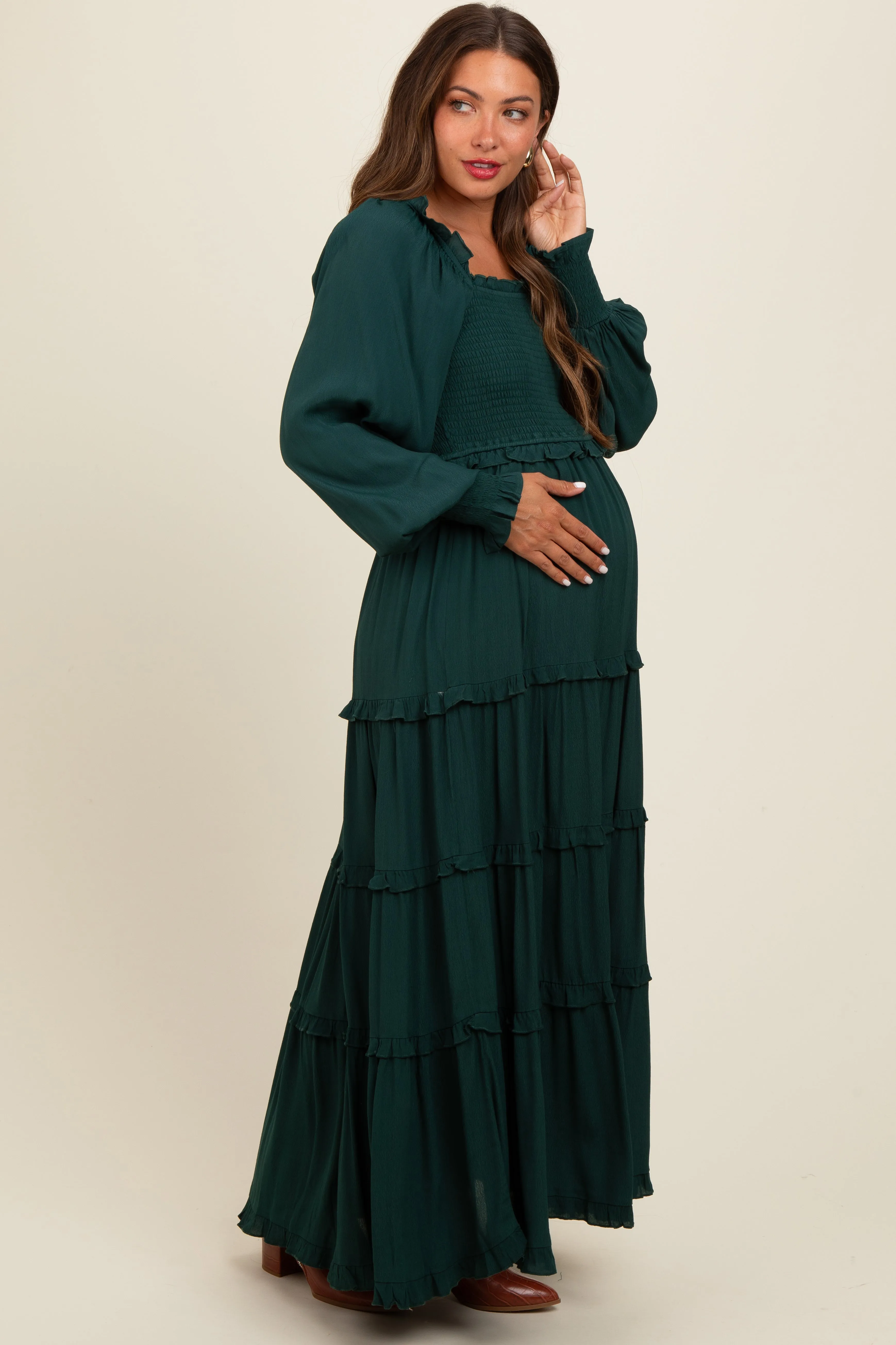 Forest Green Smocked Long Sleeve Ruffle Tiered Maternity Maxi Dress sold by Pinkblush product image thumbnail 3