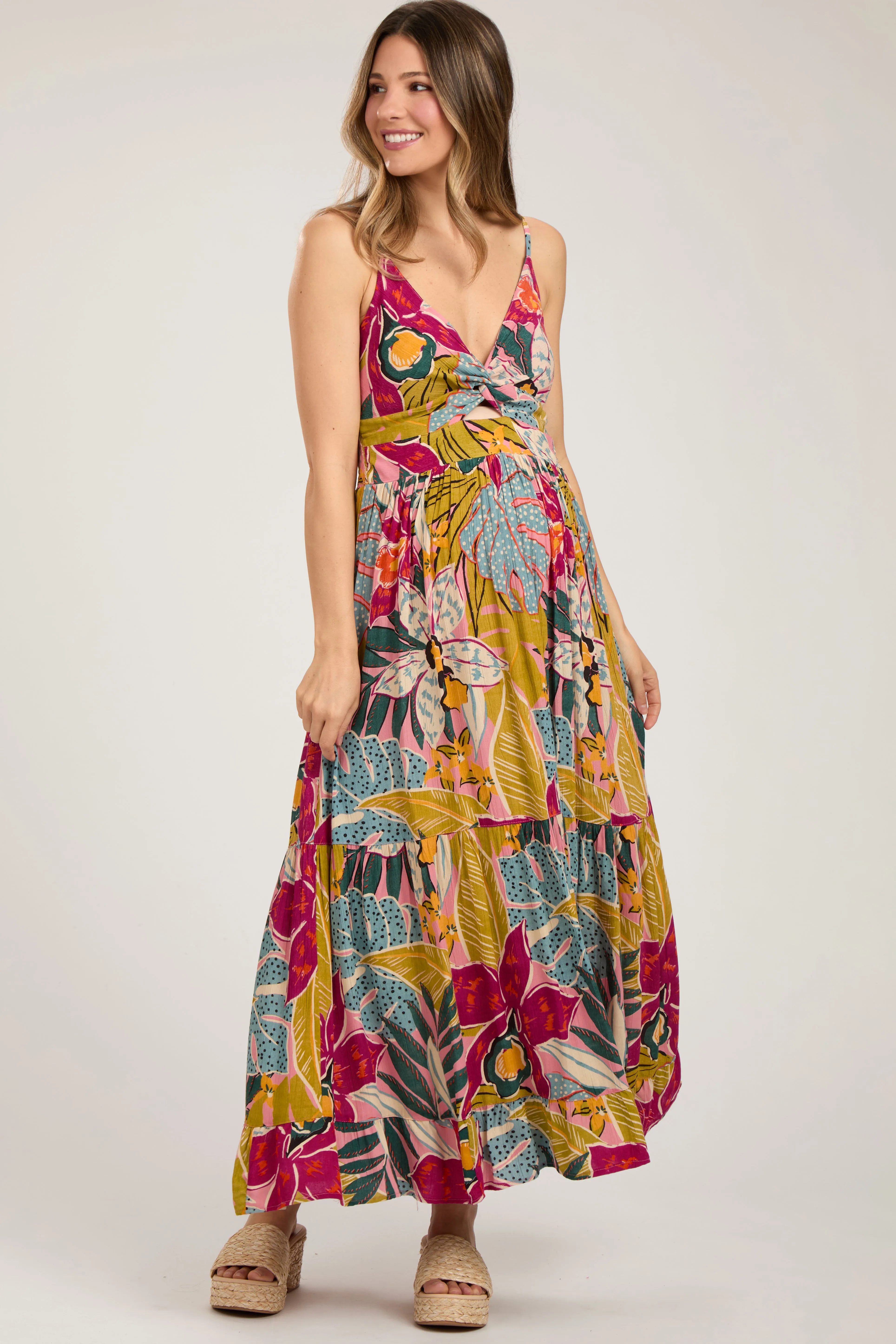Multi-Color Floral V-Neck Front Knot Tiered Maternity Maxi Dress sold by Pinkblush