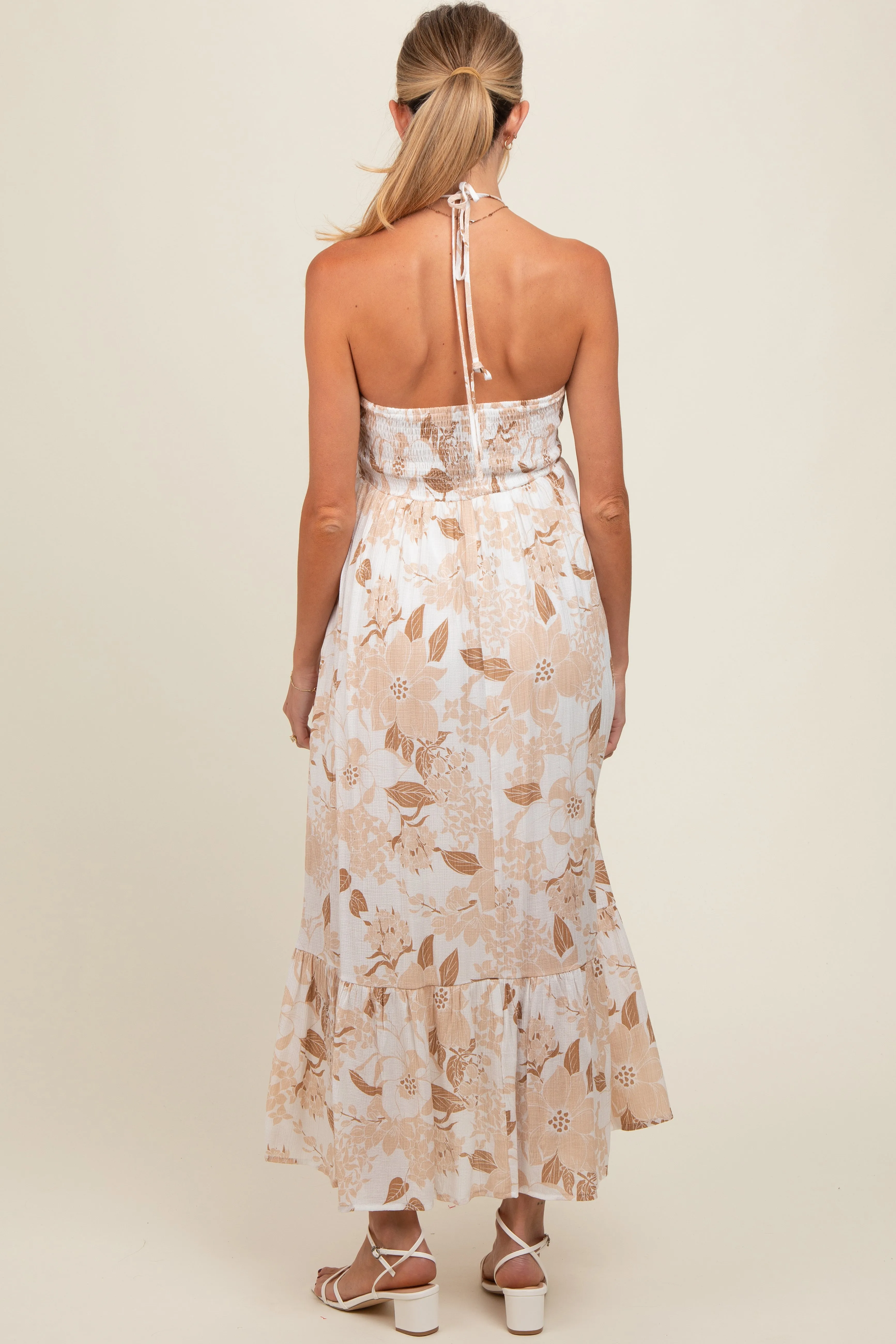 Beige Floral Ruched Front Halter Maternity Midi Dress sold by Pinkblush product image thumbnail 5