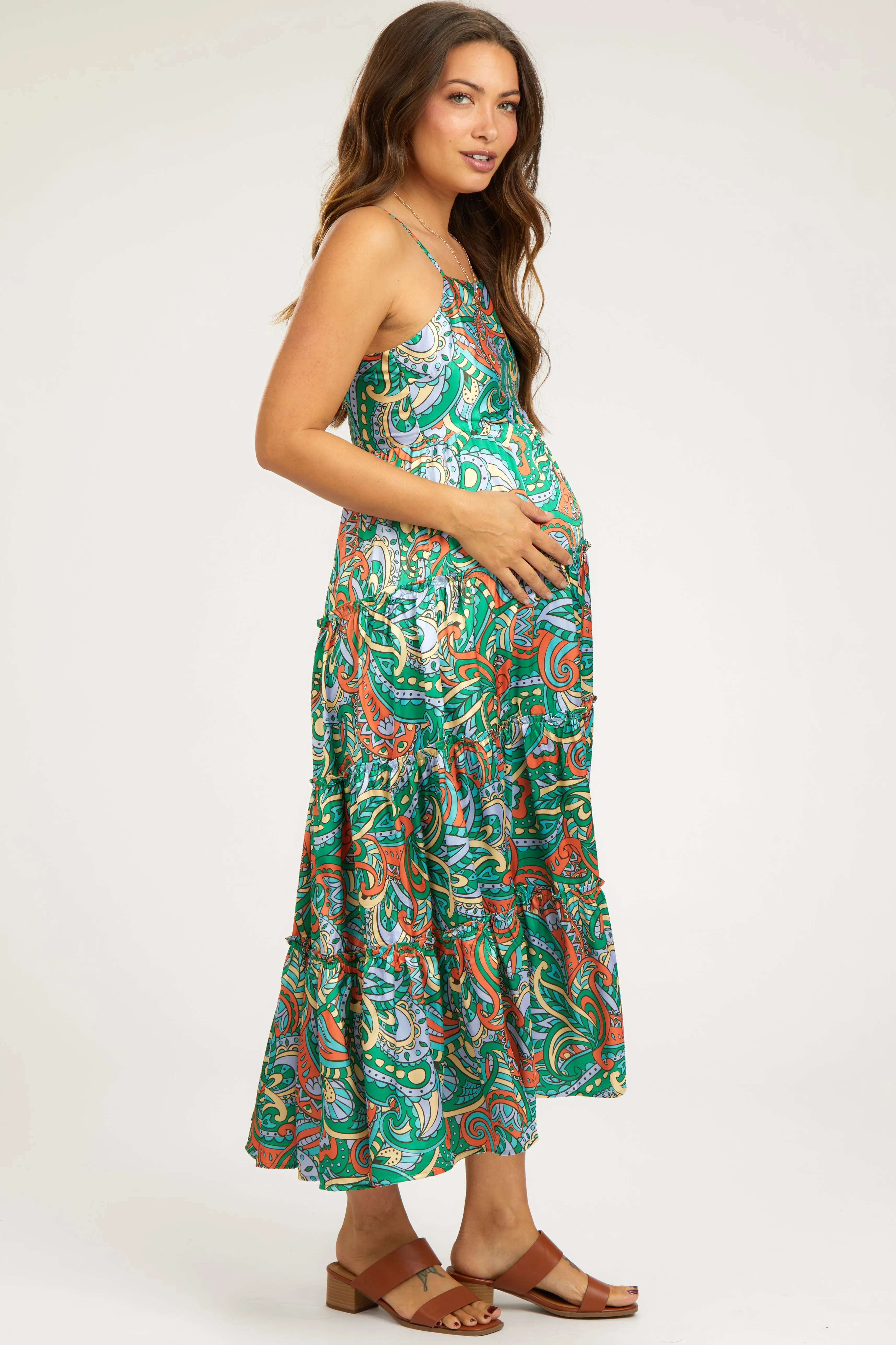 Green Satin Square Neck Ruffle Tiered Maternity Midi Dress sold by Pinkblush product image thumbnail 2