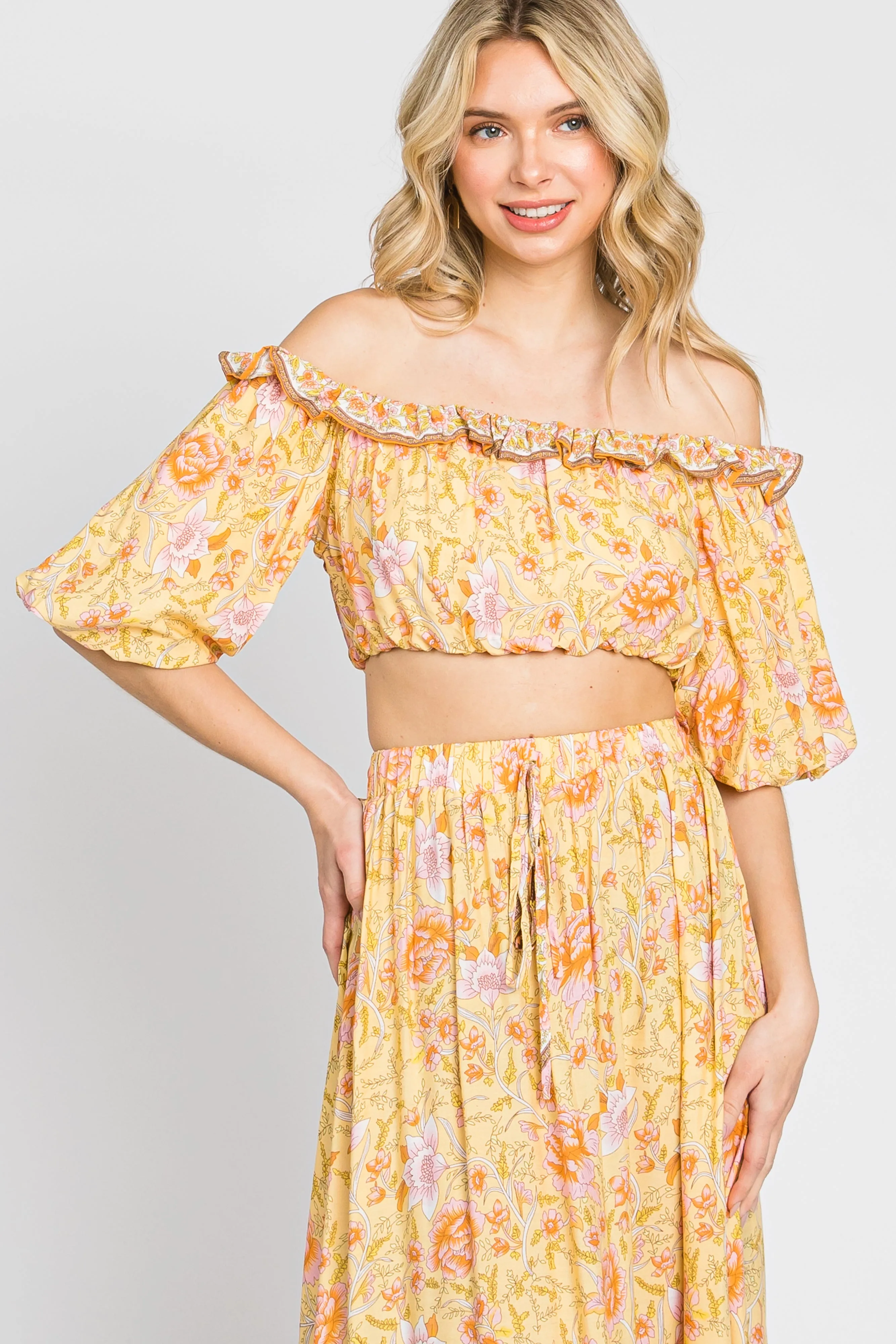 Yellow Floral Off Shoulder Maxi Skirt Set sold by Pinkblush product image thumbnail 4