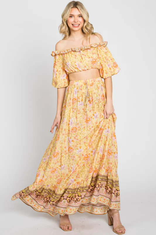 Yellow Floral Off Shoulder Maxi Skirt Set sold by Pinkblush