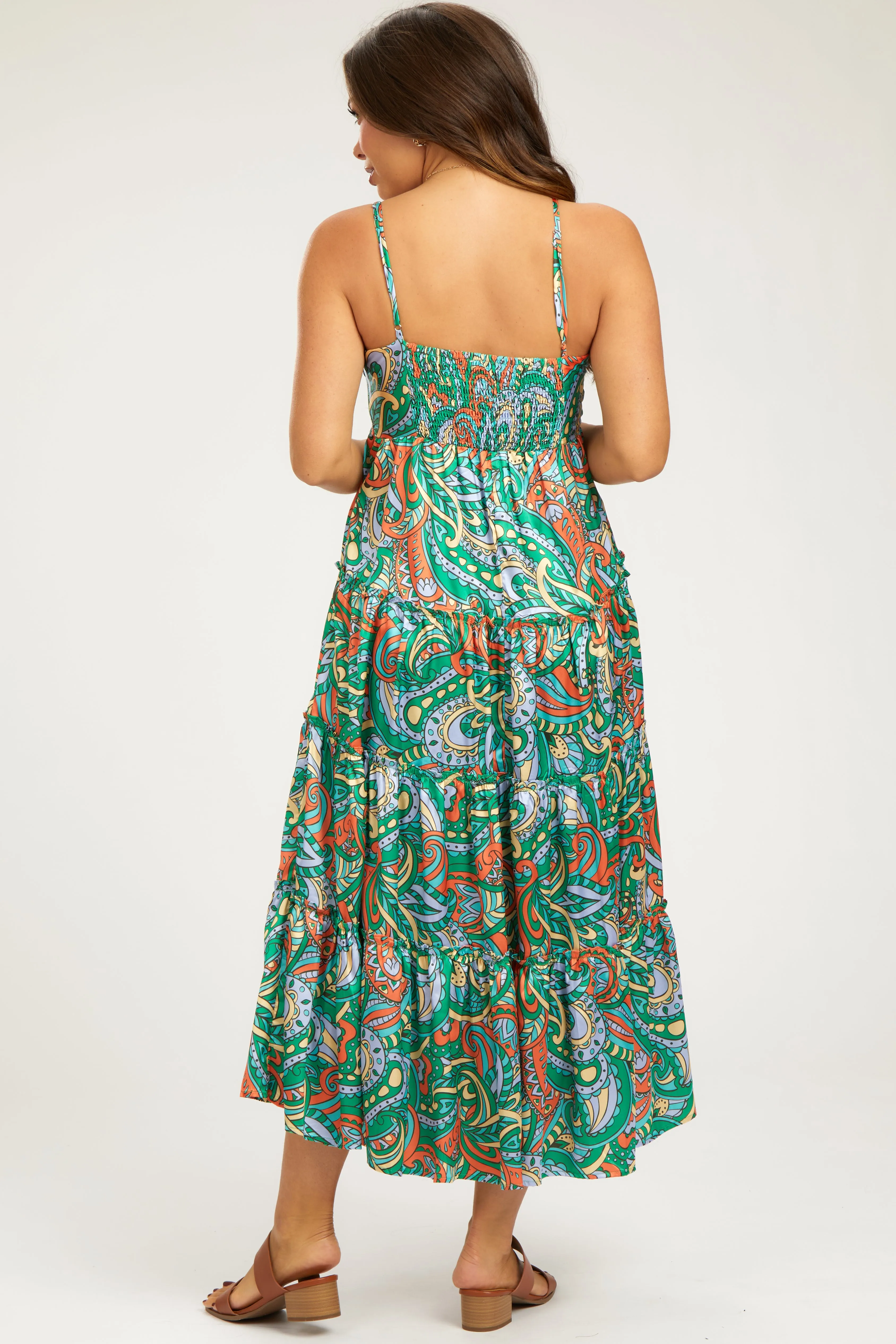 Green Satin Square Neck Ruffle Tiered Maternity Midi Dress sold by Pinkblush product image thumbnail 3