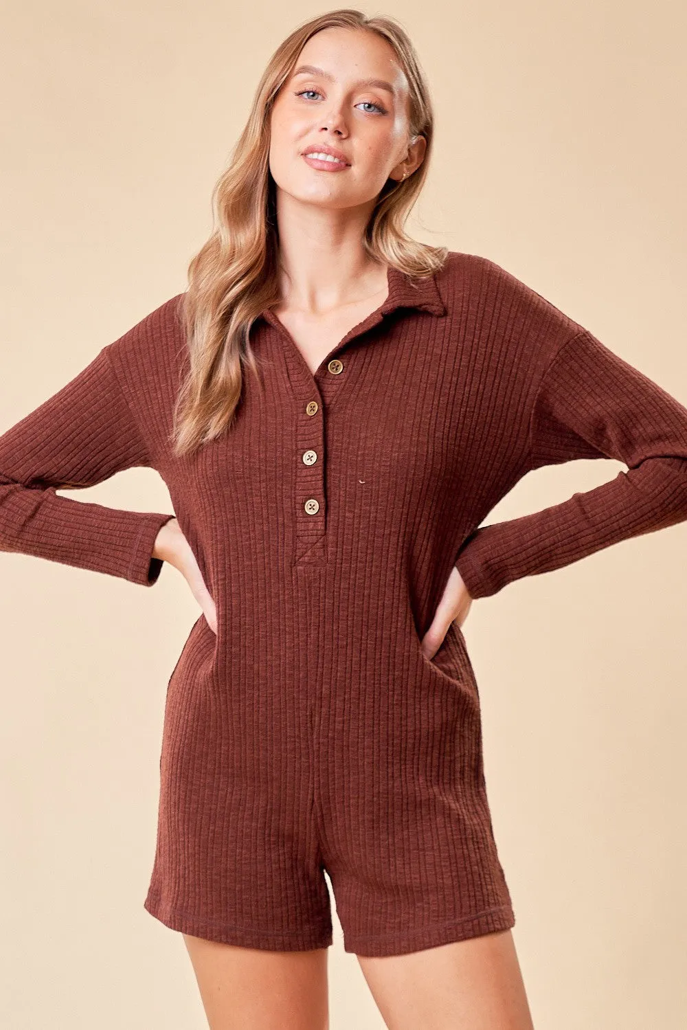 Brown Rib Knit Collared Romper sold by Pinkblush