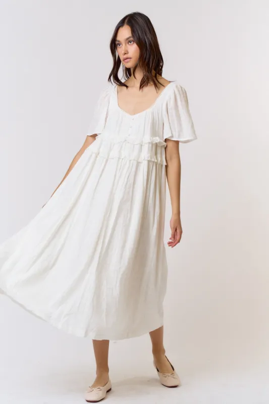 Ivory Button Front Lace Trim V-Neck Short Sleeve Midi Dress sold by Pinkblush