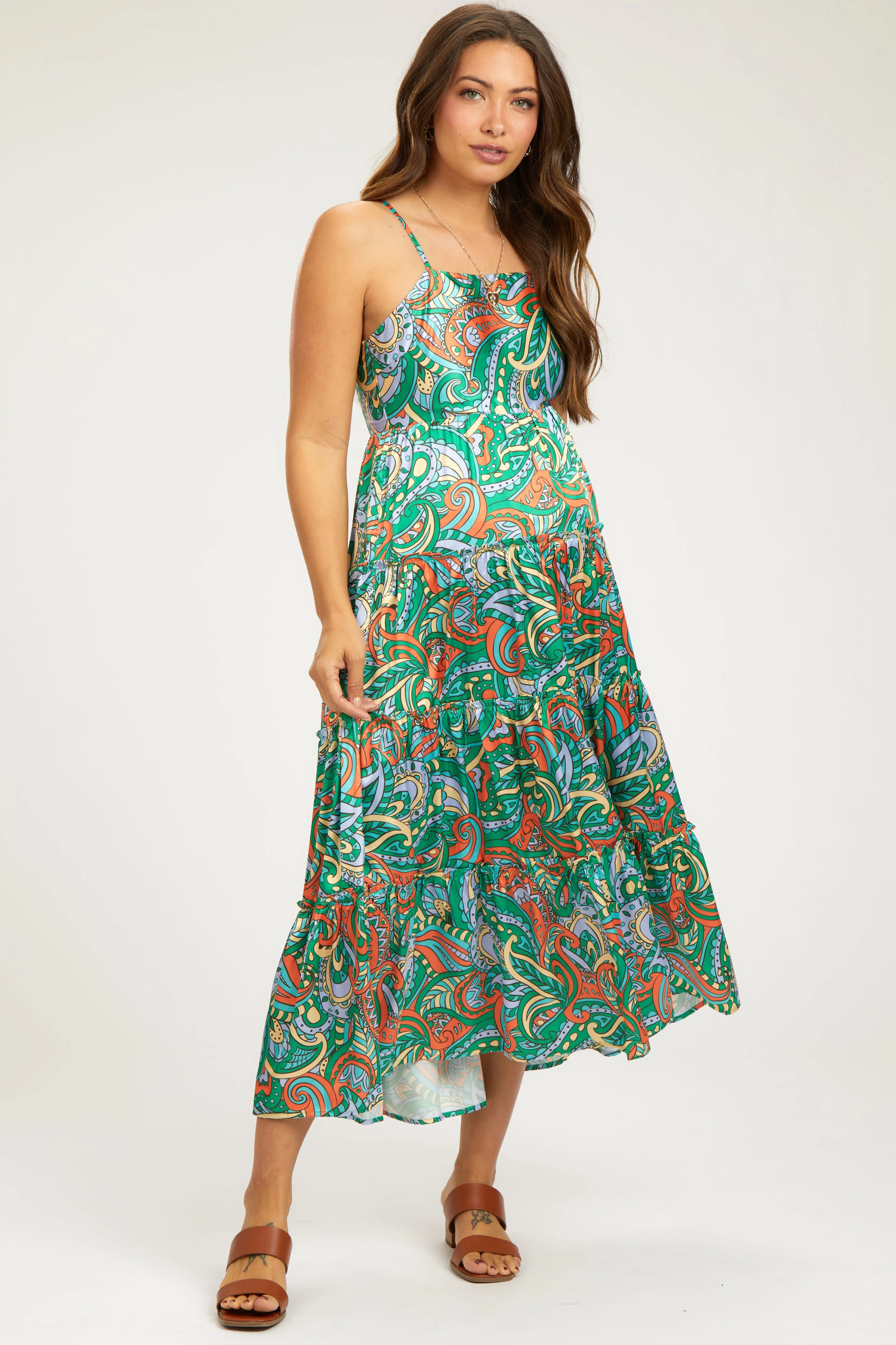 Green Satin Square Neck Ruffle Tiered Maternity Midi Dress sold by Pinkblush