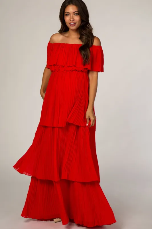 Red Pleated Ruffle Tiered Maternity Maxi Dress sold by Pinkblush