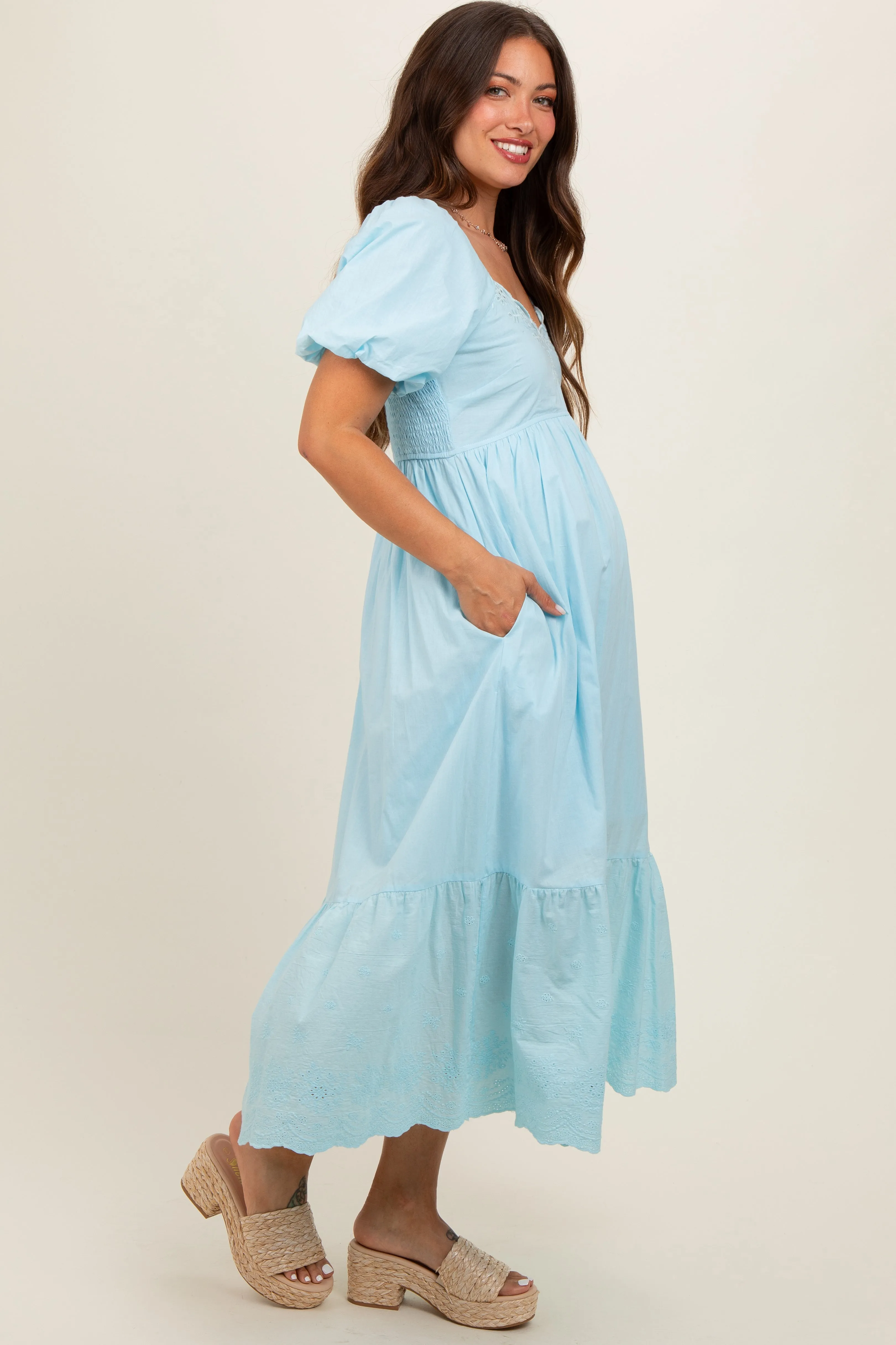 Light Blue Eyelet Scalloped V-Neck Short Puff Sleeve Maternity Midi Dress sold by Pinkblush product image thumbnail 3