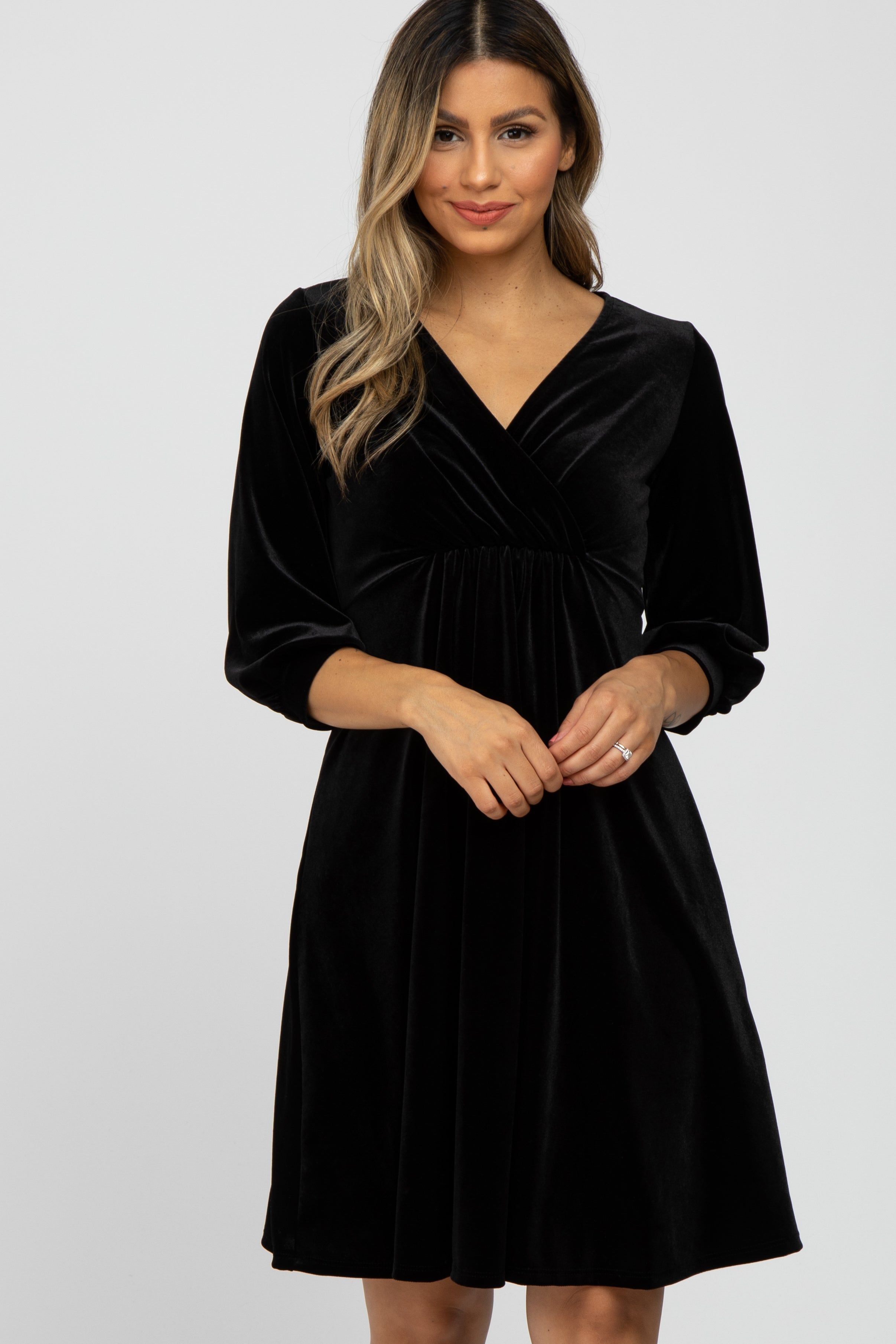 Black Velvet Wrap Front Babydoll Maternity Dress sold by Pinkblush product image thumbnail 5