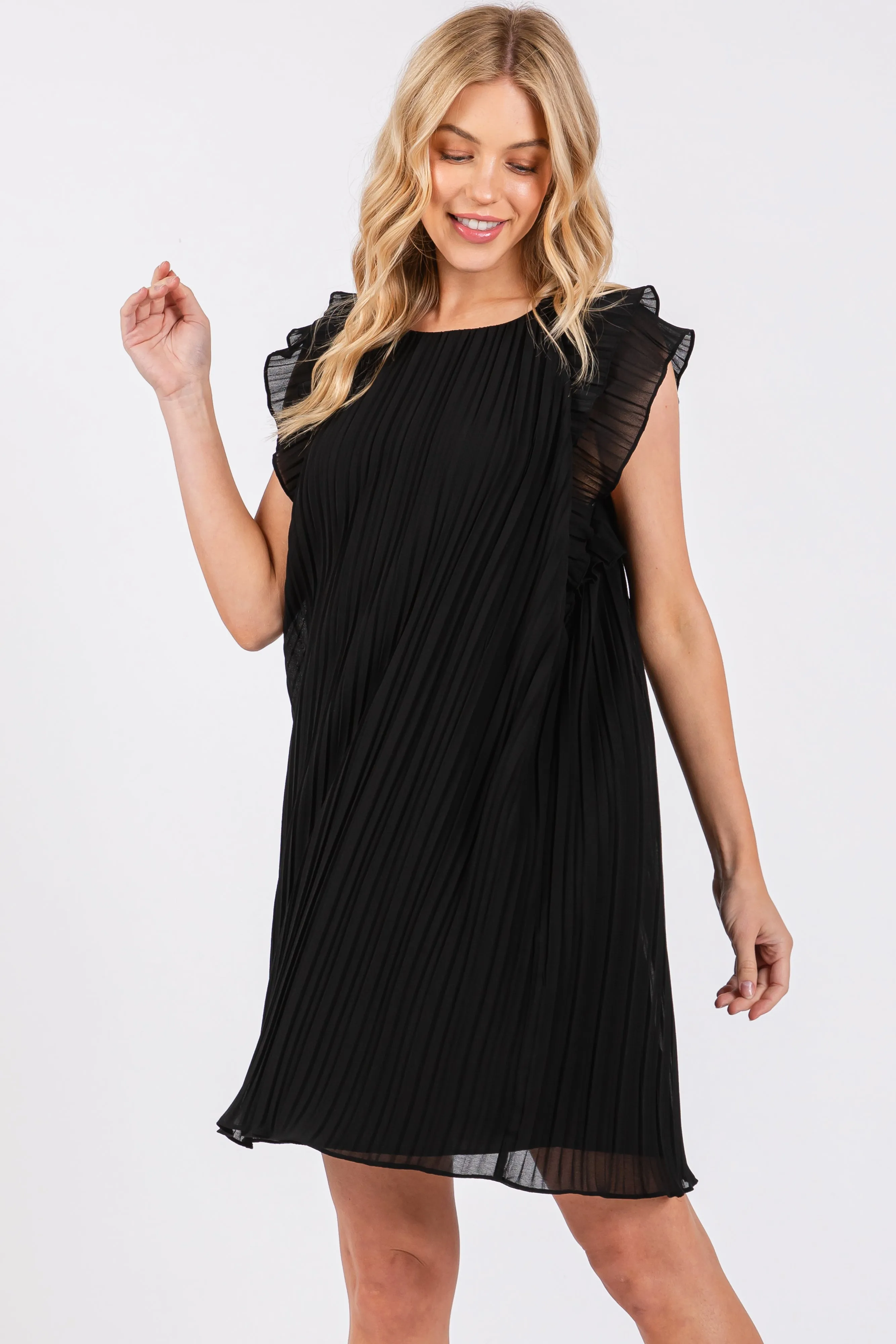 Black Flutter Sleeve Pleated Chiffon Maternity Mini Dress sold by Pinkblush product image thumbnail 5