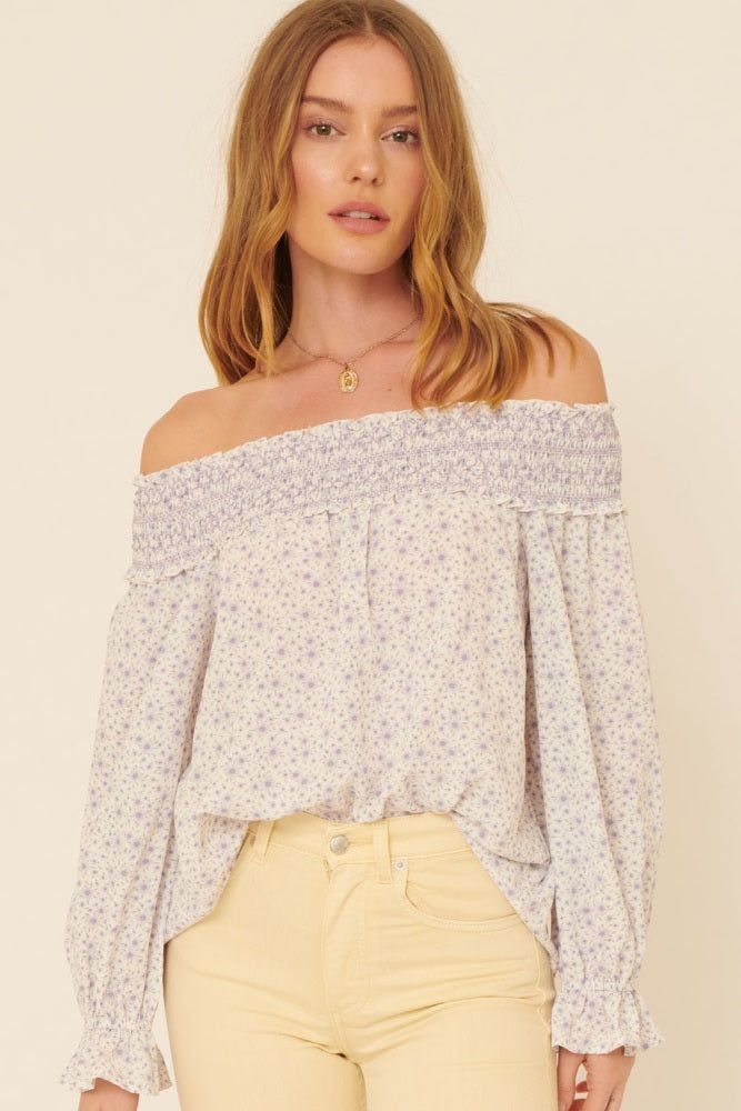 Lavender Floral Smocked Off Shoulder Relaxed Top sold by Pinkblush