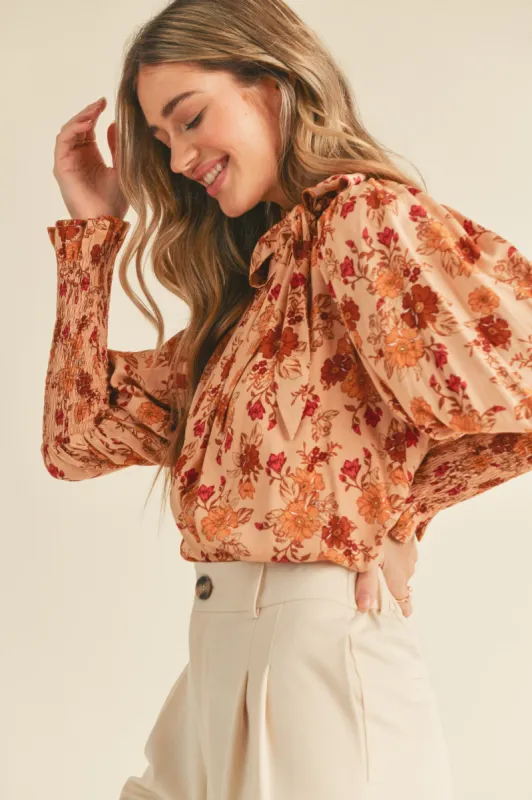 Rose Bud Multi Floral Tie Neck Smocked Sleeve Top sold by Pinkblush