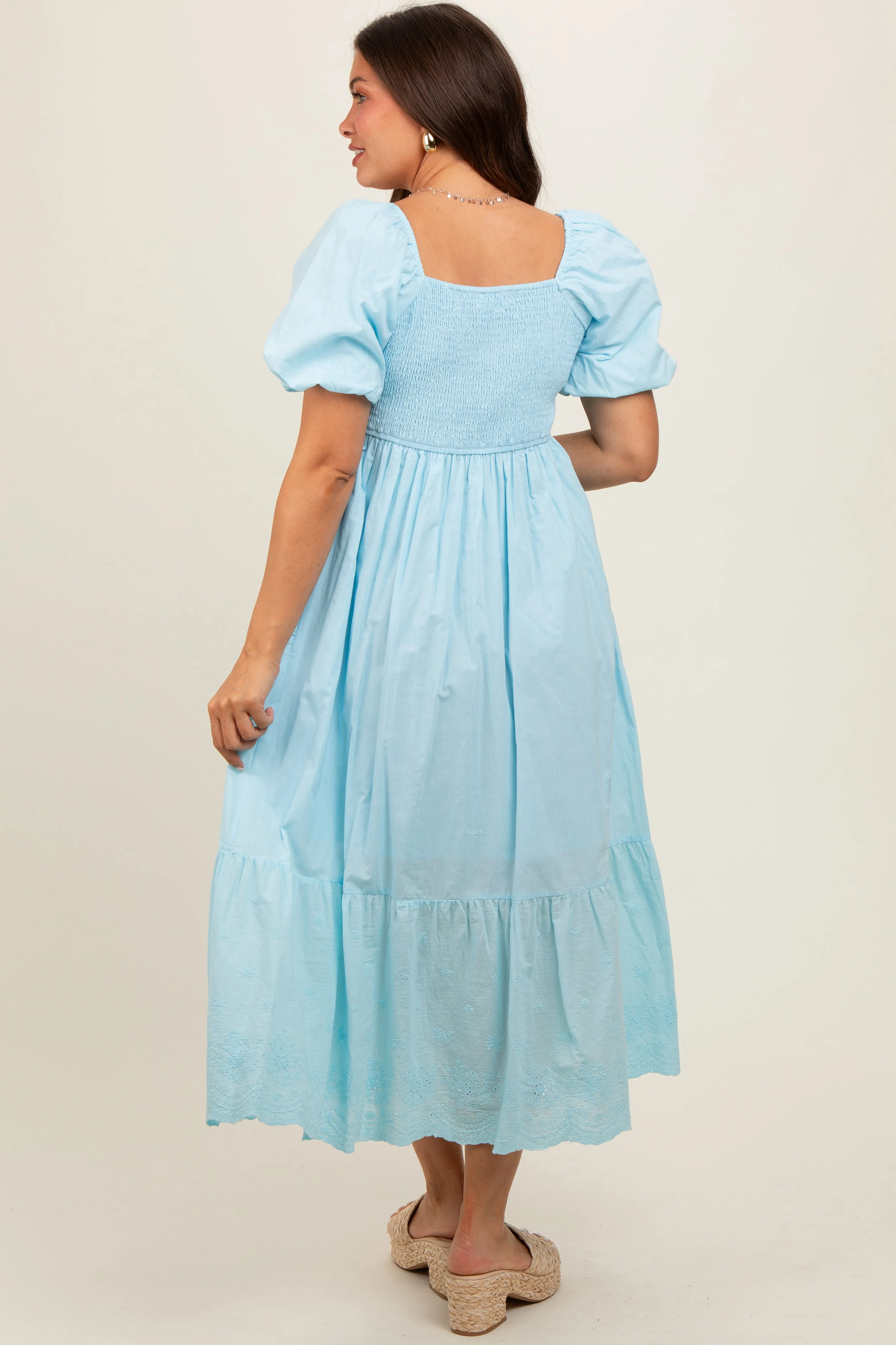 Light Blue Eyelet Scalloped V-Neck Short Puff Sleeve Maternity Midi Dress sold by Pinkblush product image thumbnail 4