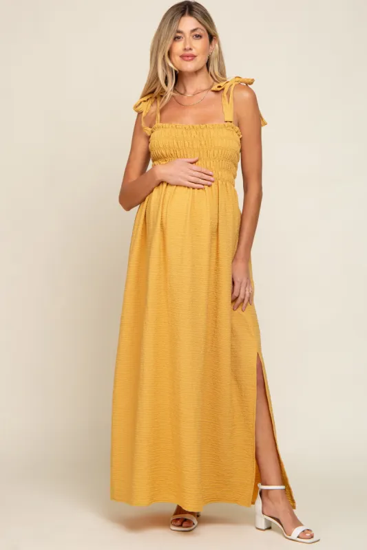 Yellow Textured Smocked Shoulder Tie Maternity Maxi Dress sold by Pinkblush