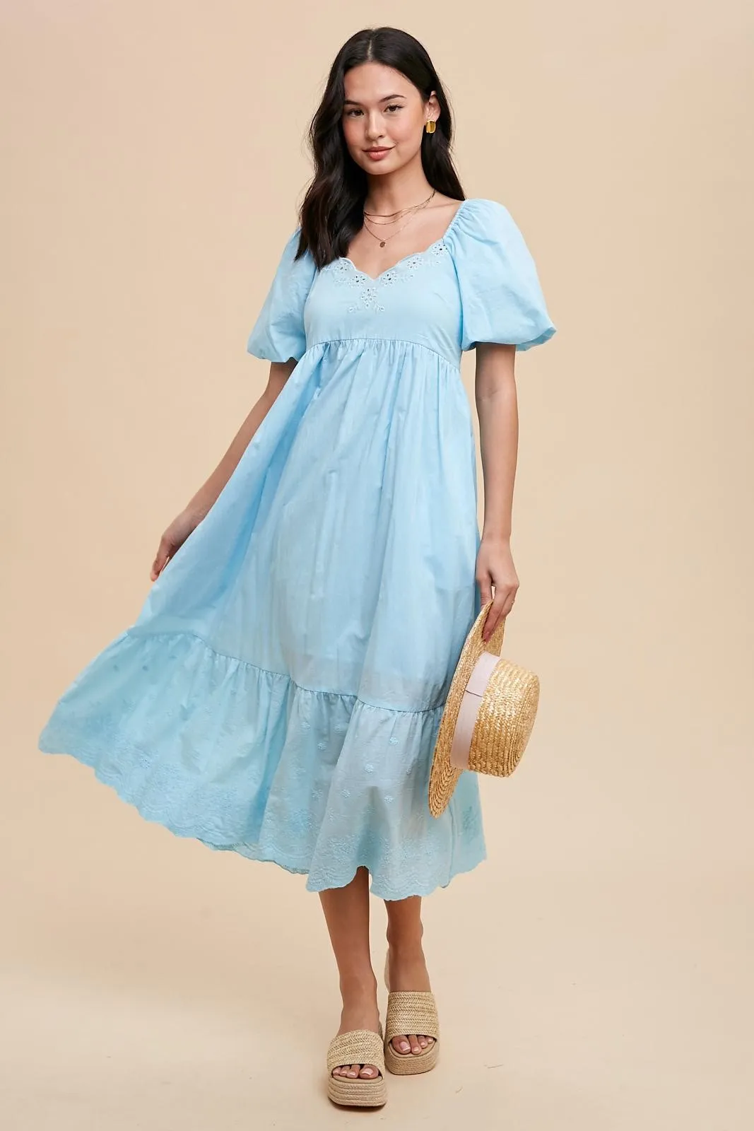 Light Blue Eyelet Scalloped V-Neck Short Puff Sleeve Maternity Midi Dress sold by Pinkblush product image thumbnail 5