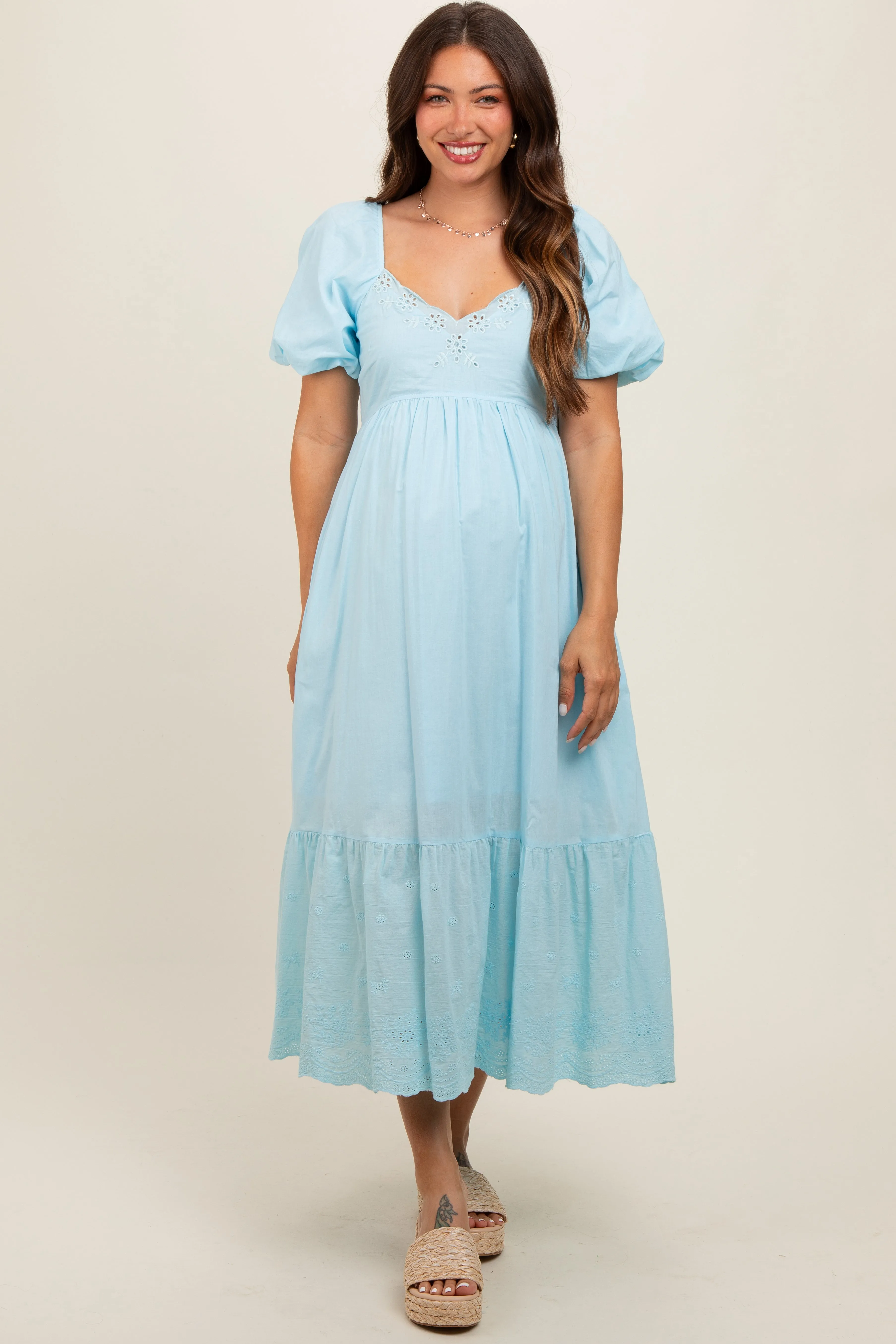 Light Blue Eyelet Scalloped V-Neck Short Puff Sleeve Maternity Midi Dress sold by Pinkblush product image thumbnail 2