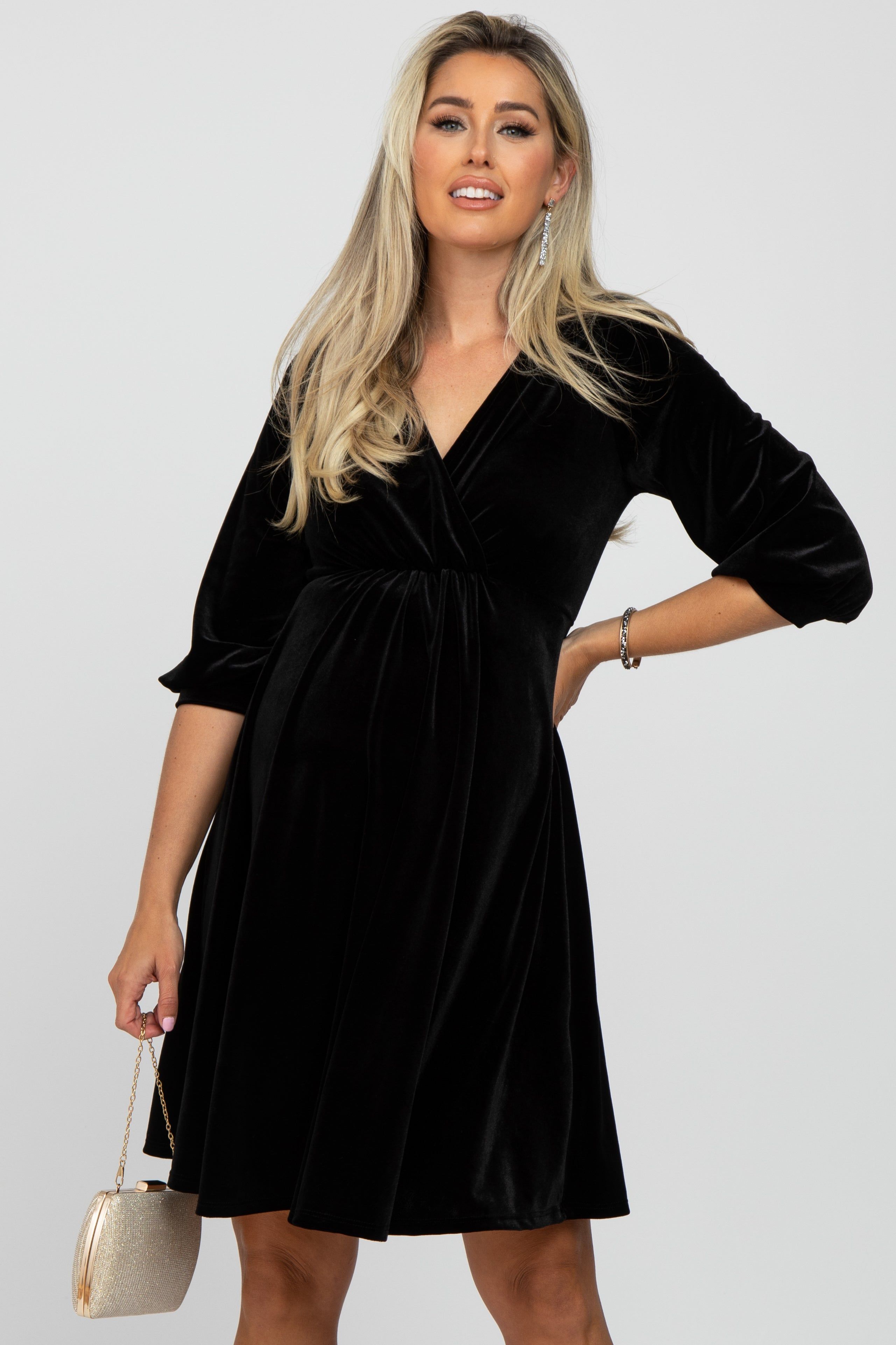 Black Velvet Wrap Front Babydoll Maternity Dress sold by Pinkblush product image thumbnail 4
