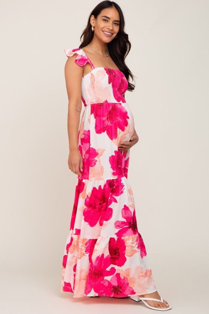 Fuchsia Floral Smocked Tiered Maternity Maxi Dress sold by Pinkblush product image thumbnail 2
