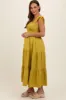 Light Olive Smocked Sleeveless Drawstring Shoulder Tiered Maternity Midi Dress sold by Pinkblush