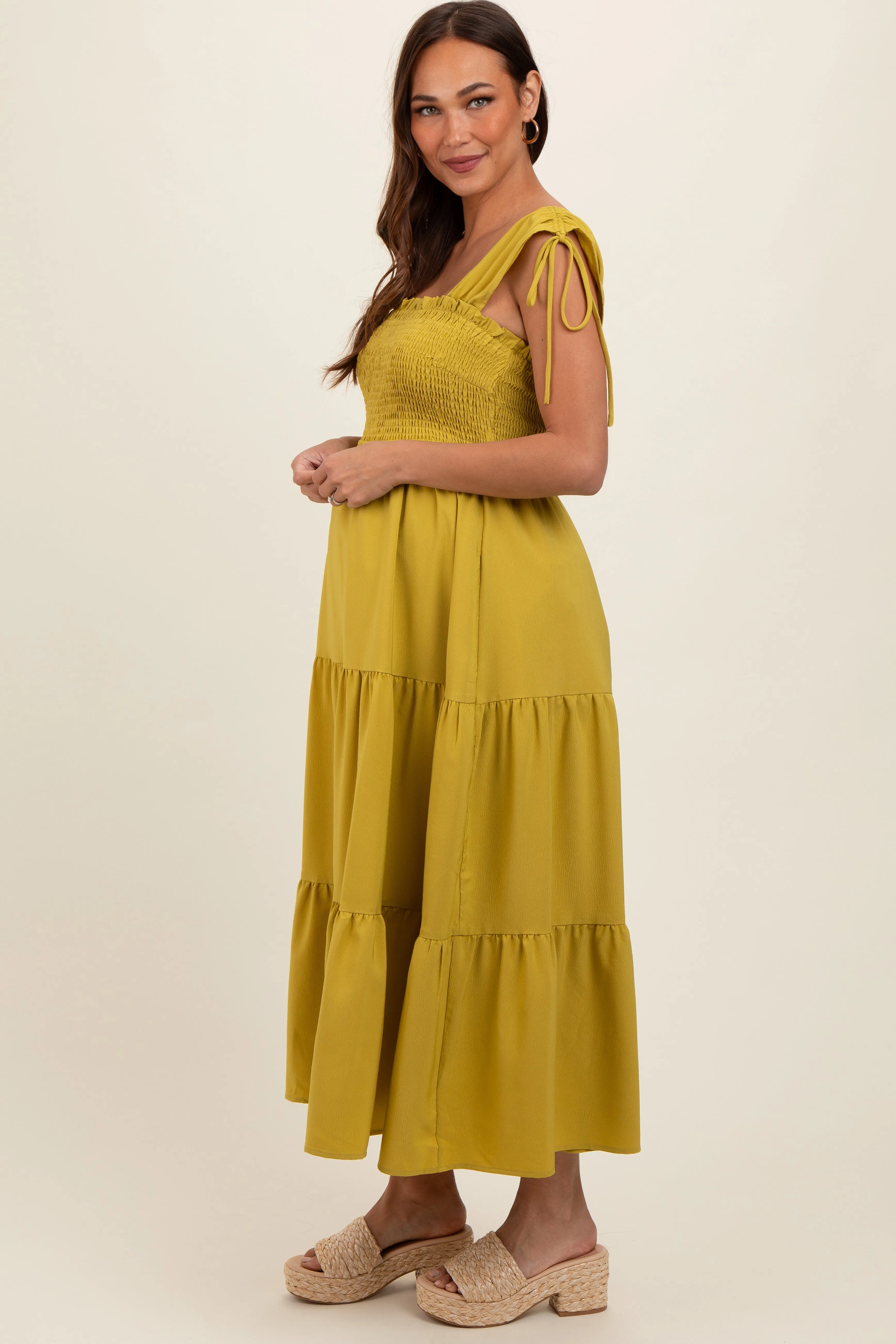 Light Olive Smocked Sleeveless Drawstring Shoulder Tiered Maternity Midi Dress sold by Pinkblush product image thumbnail 2