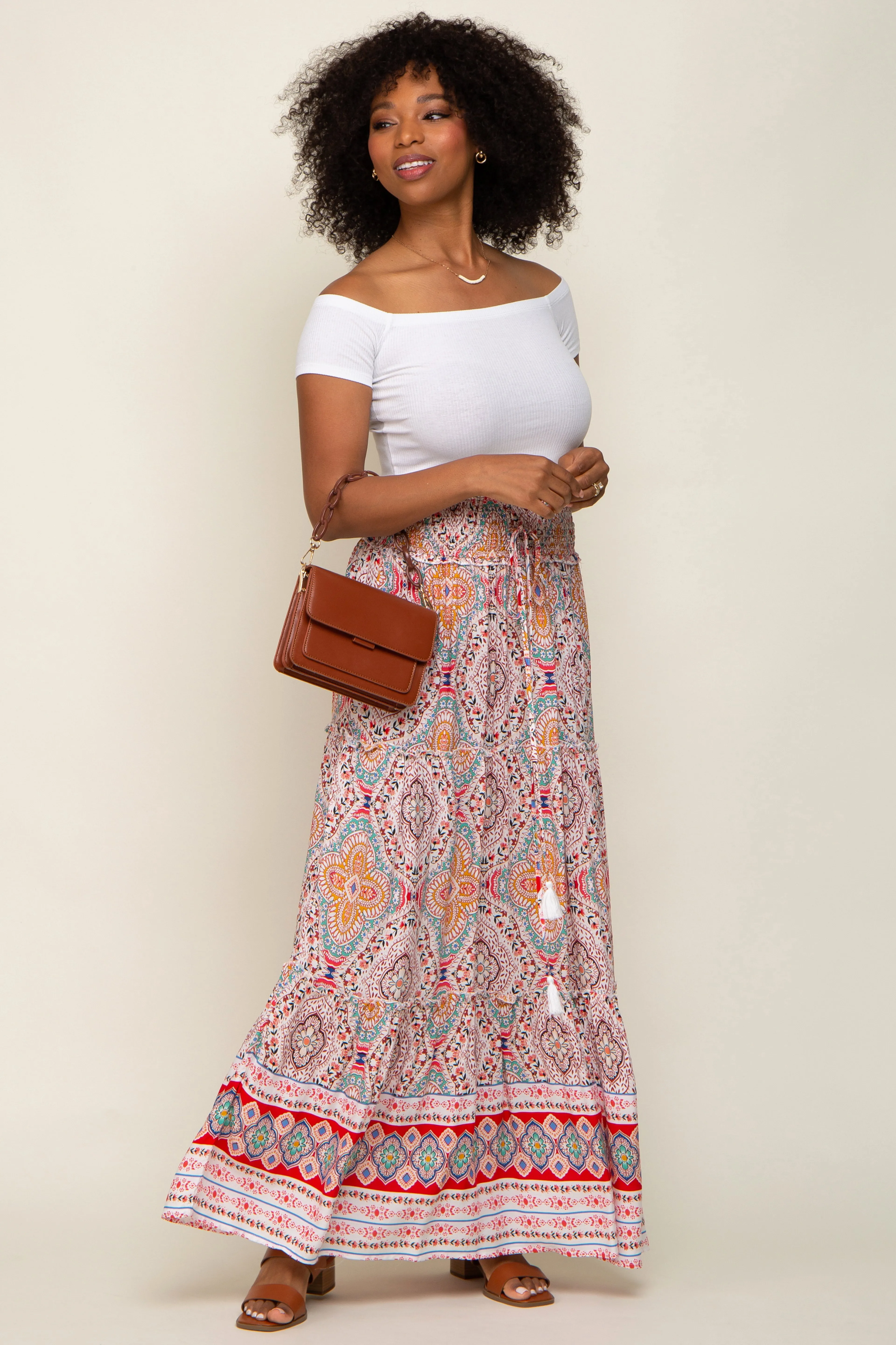 Red Printed Smocked Waist Maxi Skirt sold by Pinkblush