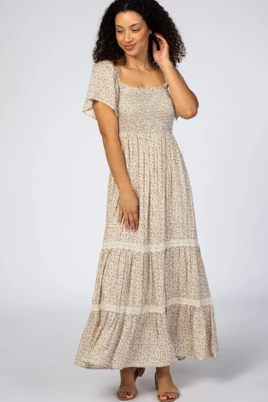 Ivory Floral Square Neck Smocked Front Lace Trim Maxi Dress sold by Pinkblush