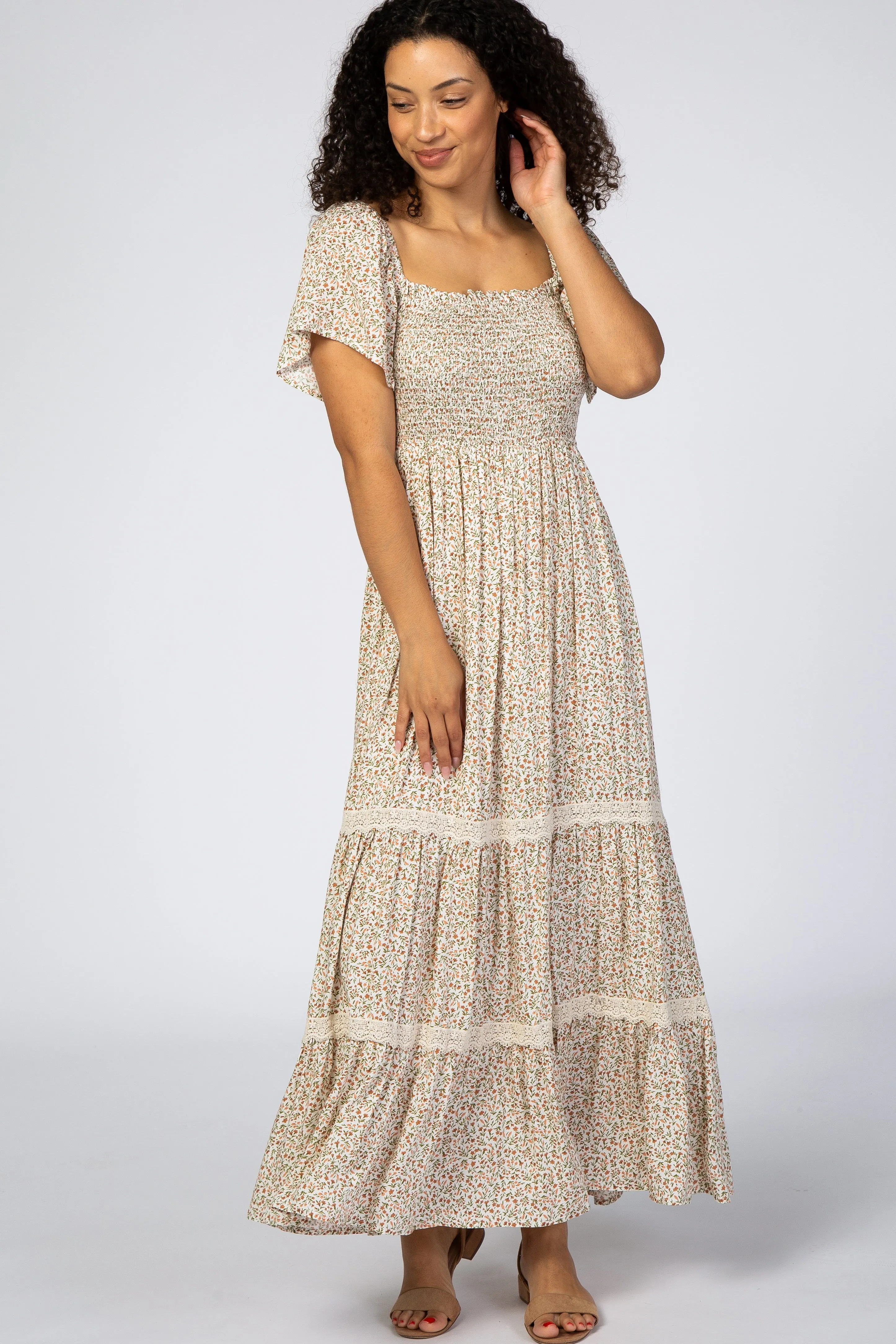 Ivory Floral Square Neck Smocked Front Lace Trim Maxi Dress sold by Pinkblush