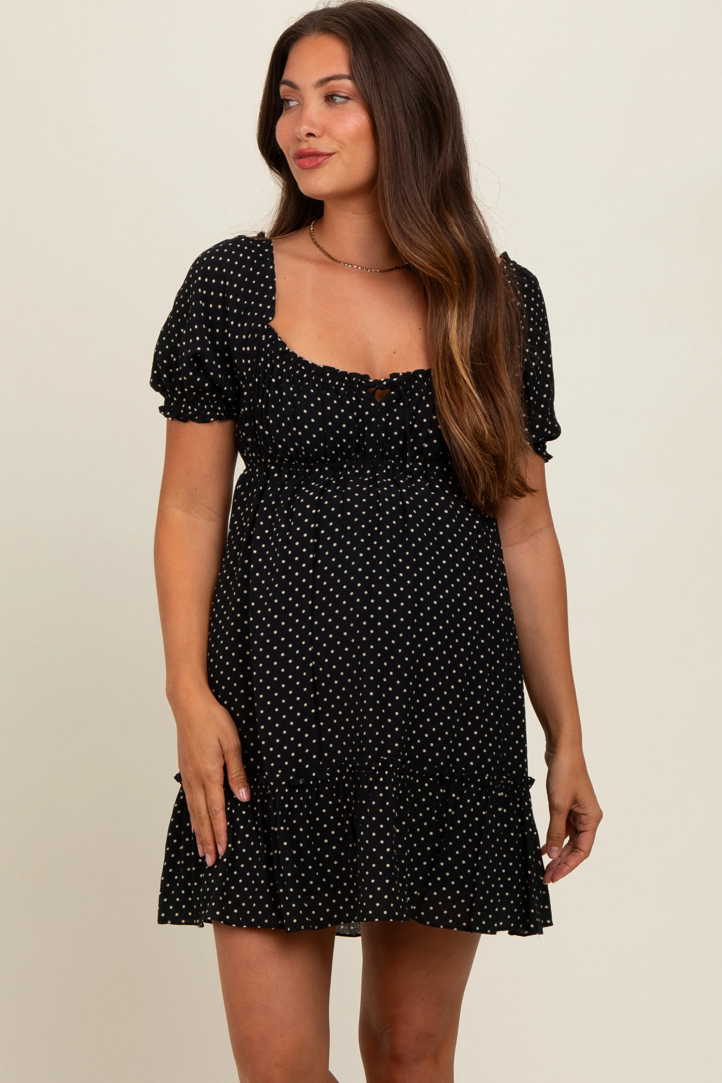 Black Polka Dot Puff Sleeve Tie Front Maternity Dress sold by Pinkblush