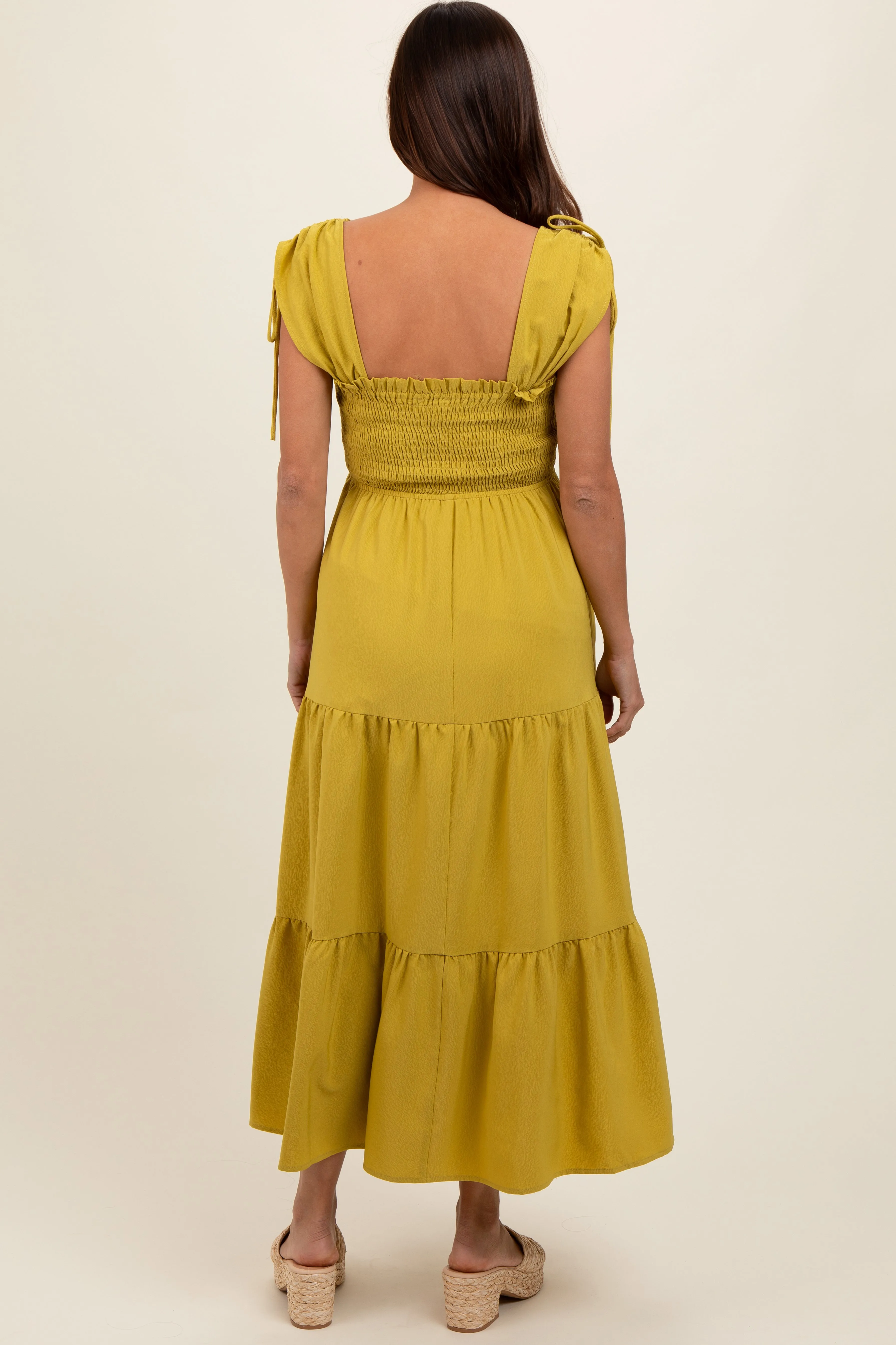 Light Olive Smocked Sleeveless Drawstring Shoulder Tiered Maternity Midi Dress sold by Pinkblush product image thumbnail 3