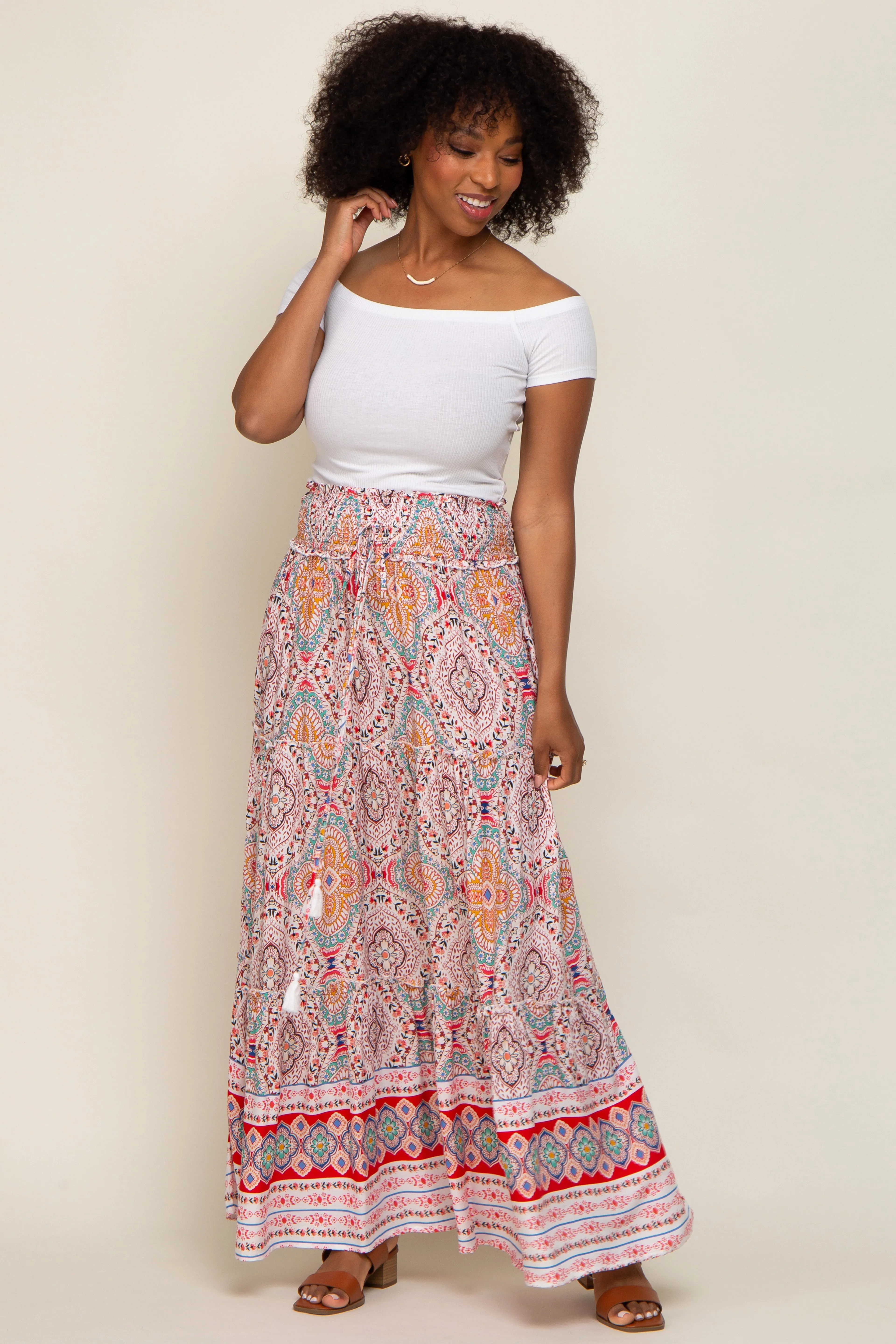 Red Printed Smocked Waist Maxi Skirt sold by Pinkblush product image thumbnail 5