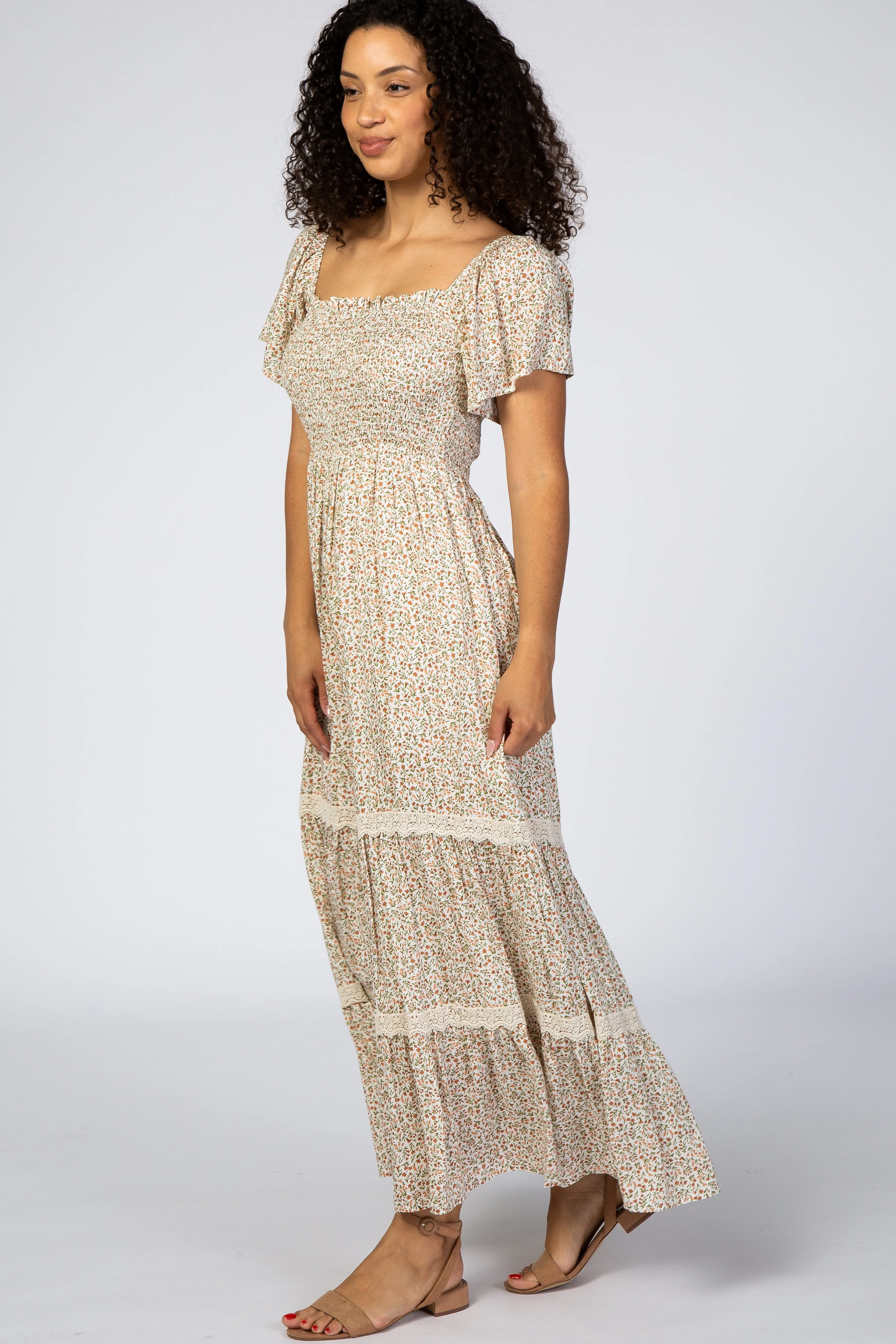 Ivory Floral Square Neck Smocked Front Lace Trim Maxi Dress sold by Pinkblush product image thumbnail 2