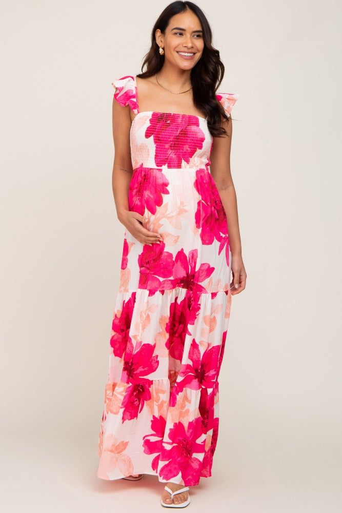 Fuchsia Floral Smocked Tiered Maternity Maxi Dress sold by Pinkblush