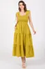 Light Olive Smocked Sleeveless Drawstring Shoulder Tiered Maternity Midi Dress sold by Pinkblush