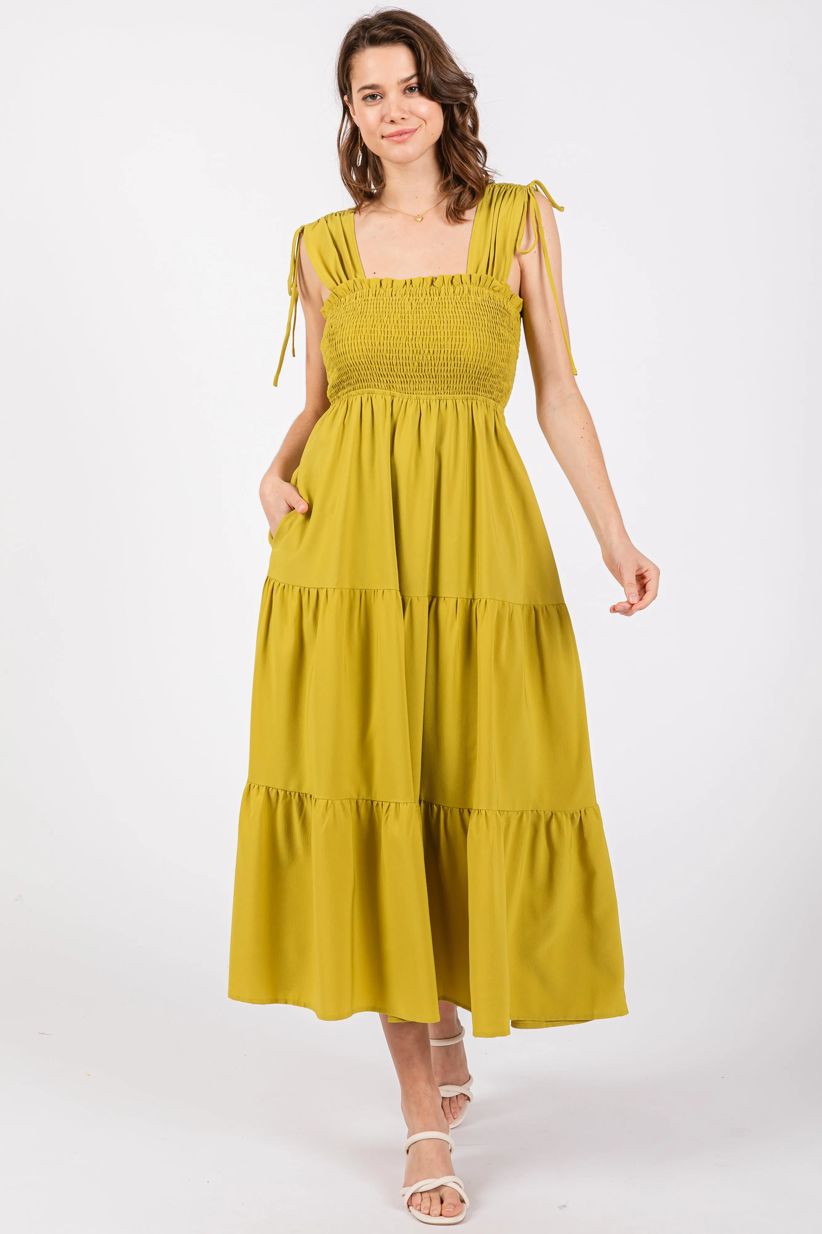 Light Olive Smocked Sleeveless Drawstring Shoulder Tiered Maternity Midi Dress sold by Pinkblush product image thumbnail 4