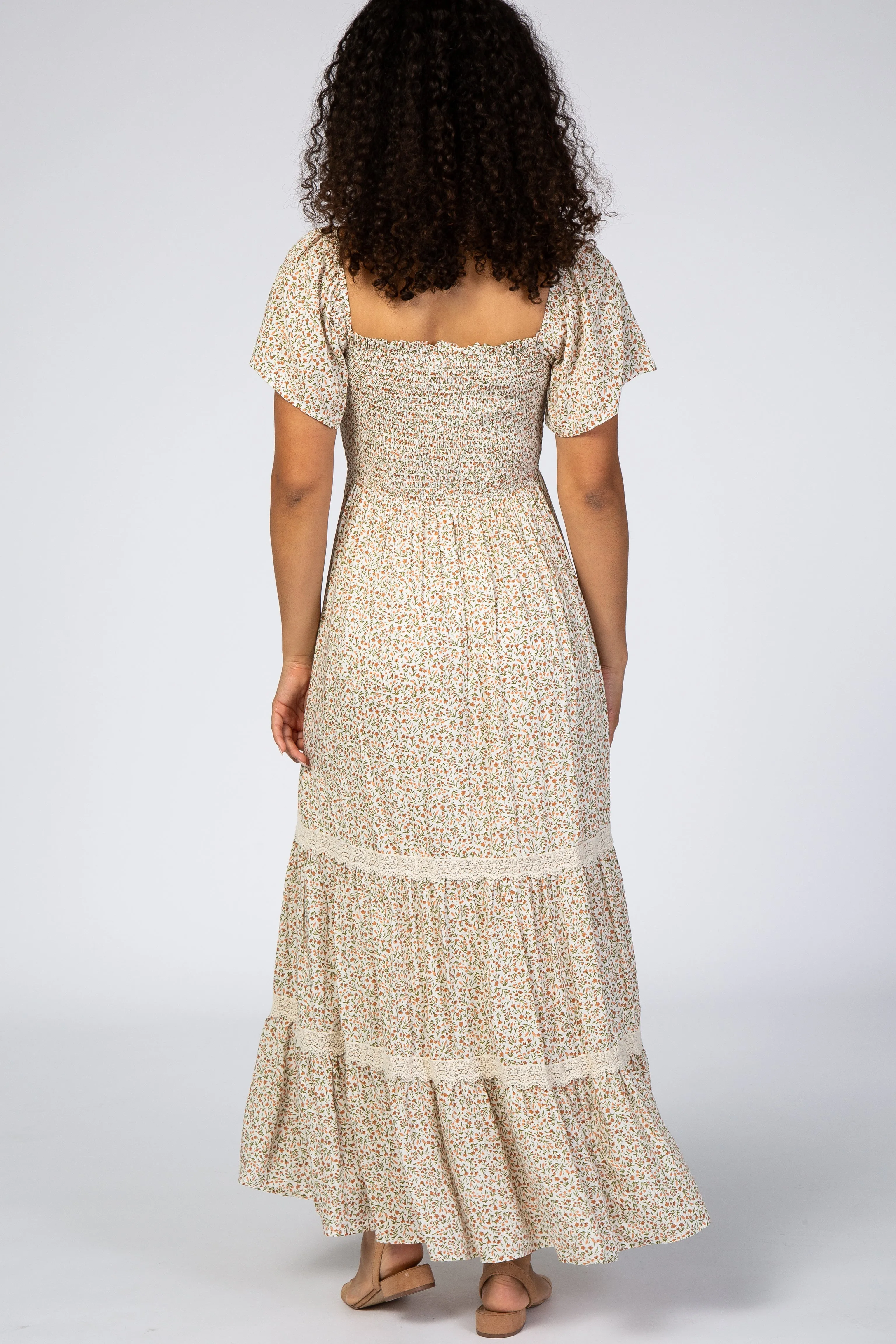 Ivory Floral Square Neck Smocked Front Lace Trim Maxi Dress sold by Pinkblush product image thumbnail 3