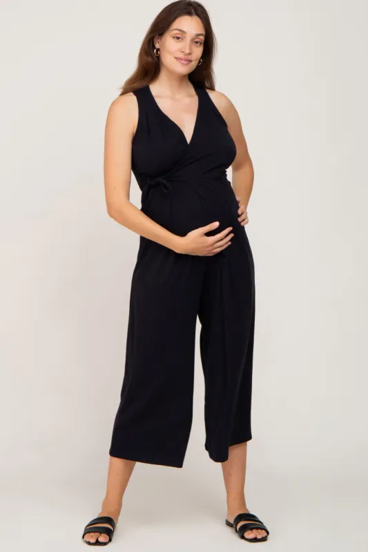 Black Sleeveless Flare Maternity Jumpsuit made by Pinkblush