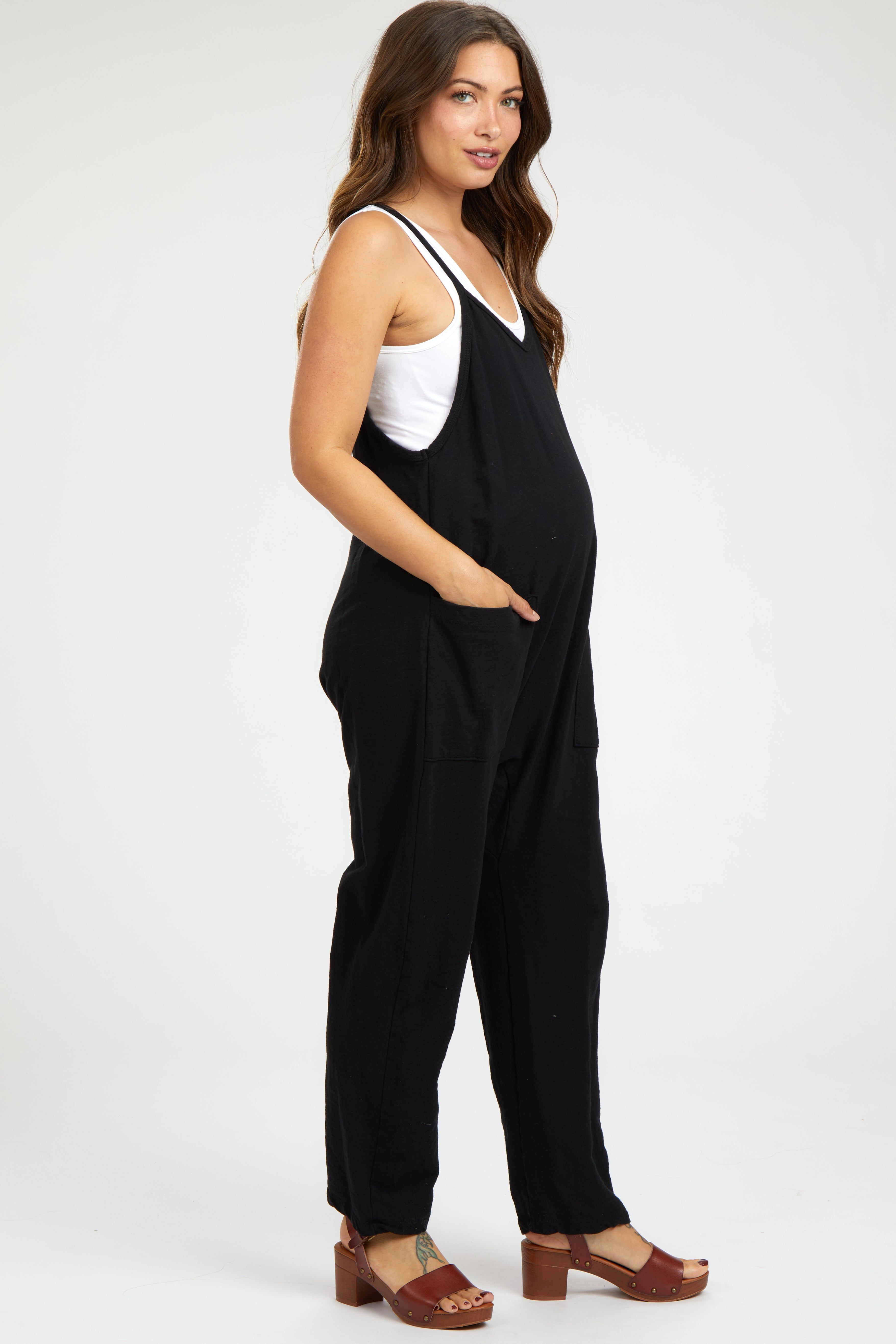 Black Knit Front Pocket Maternity Overall sold by Pinkblush