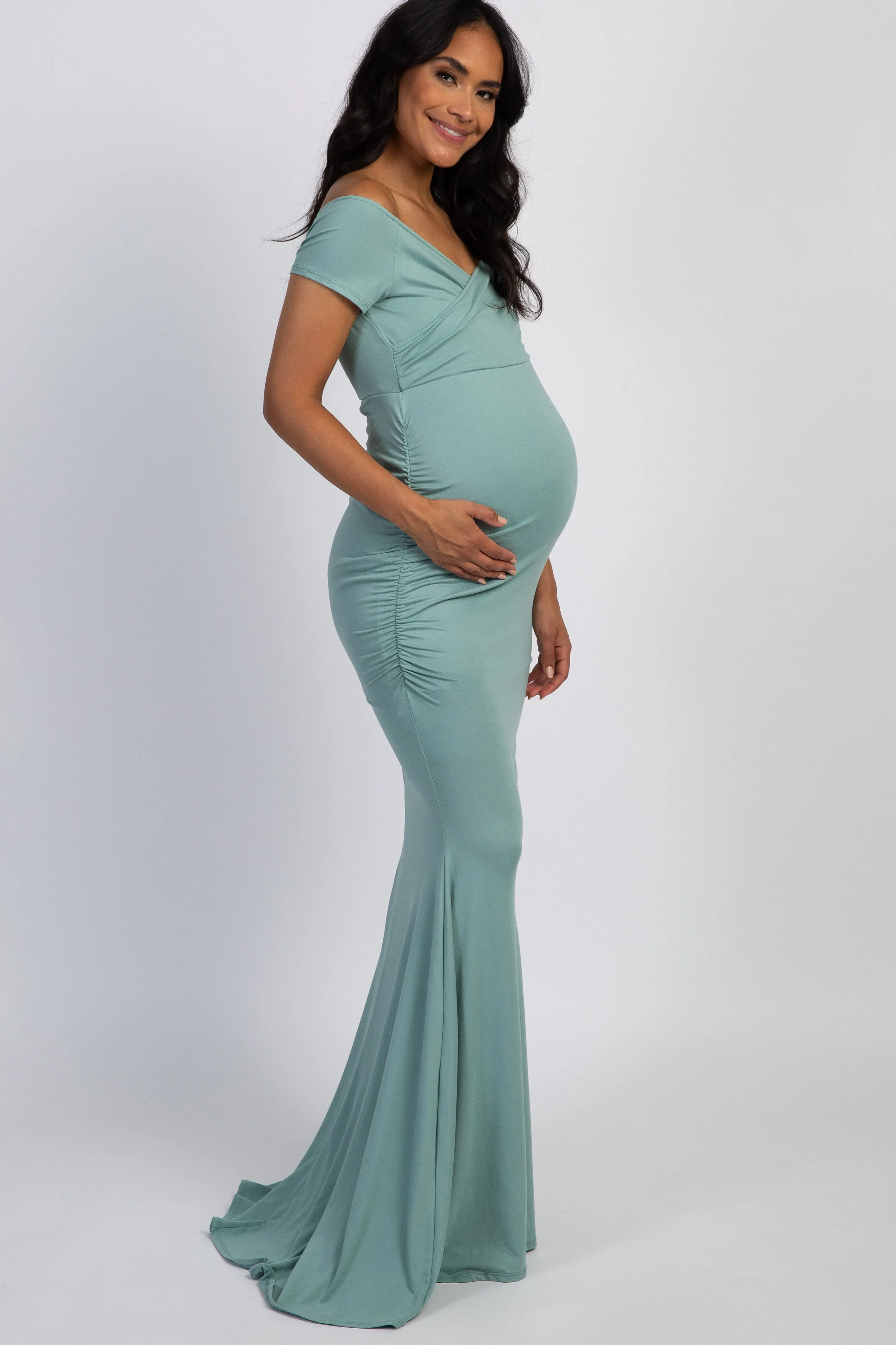 PinkBlush Mint Off Shoulder Wrap Maternity Photoshoot Gown/Dress sold by Pinkblush product image thumbnail 2