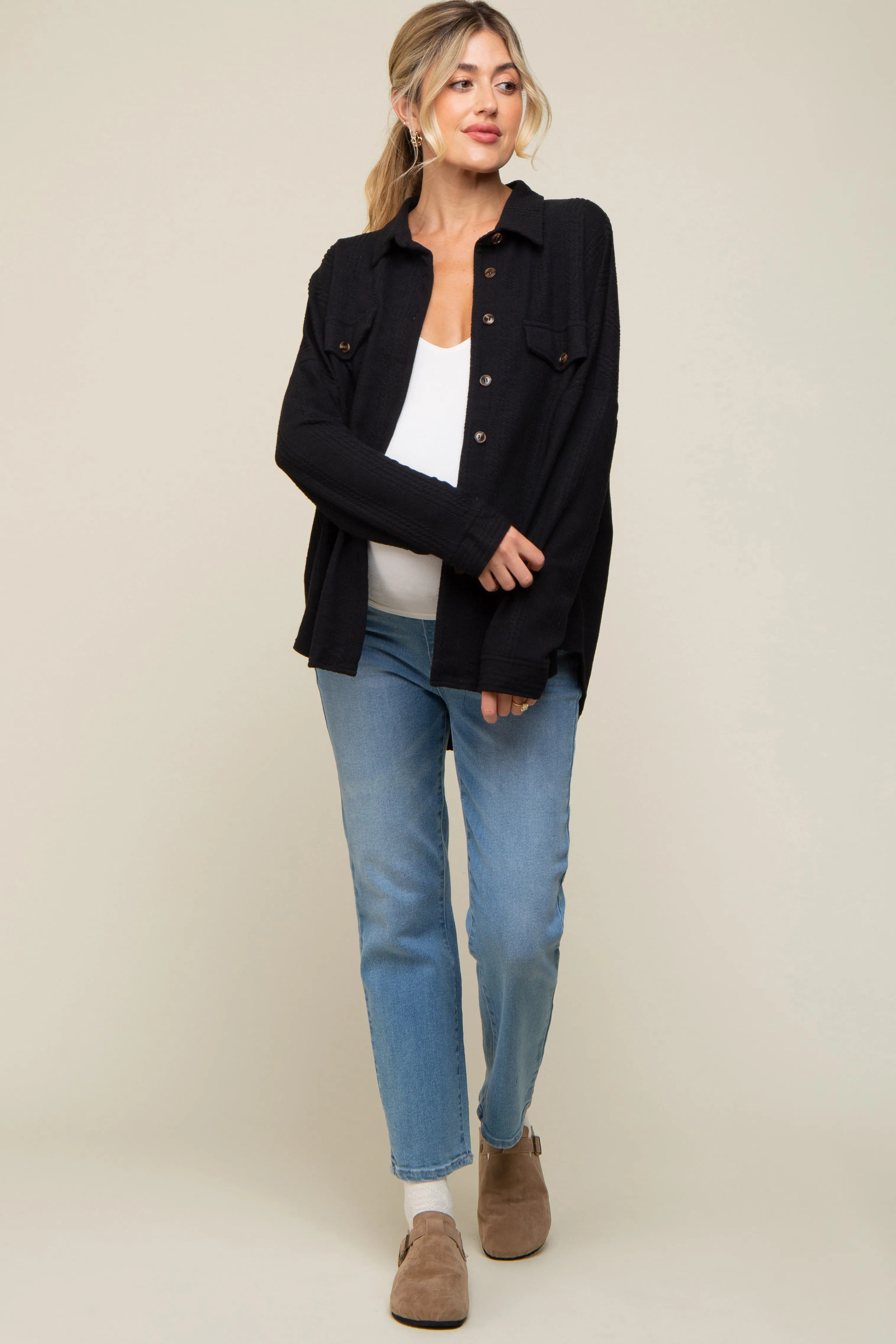 Black Textured Button Front Collared Maternity Top sold by Pinkblush product image thumbnail 4