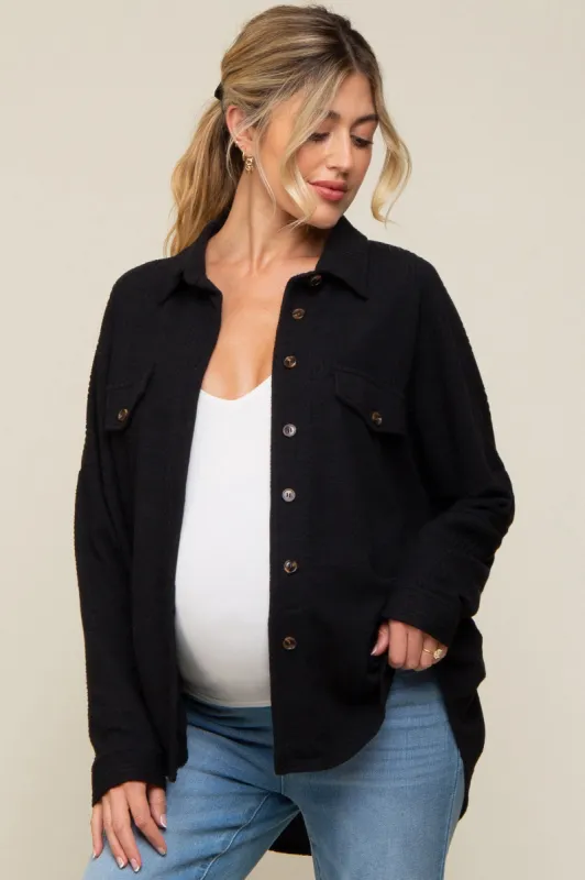 Black Textured Button Front Collared Maternity Top sold by Pinkblush