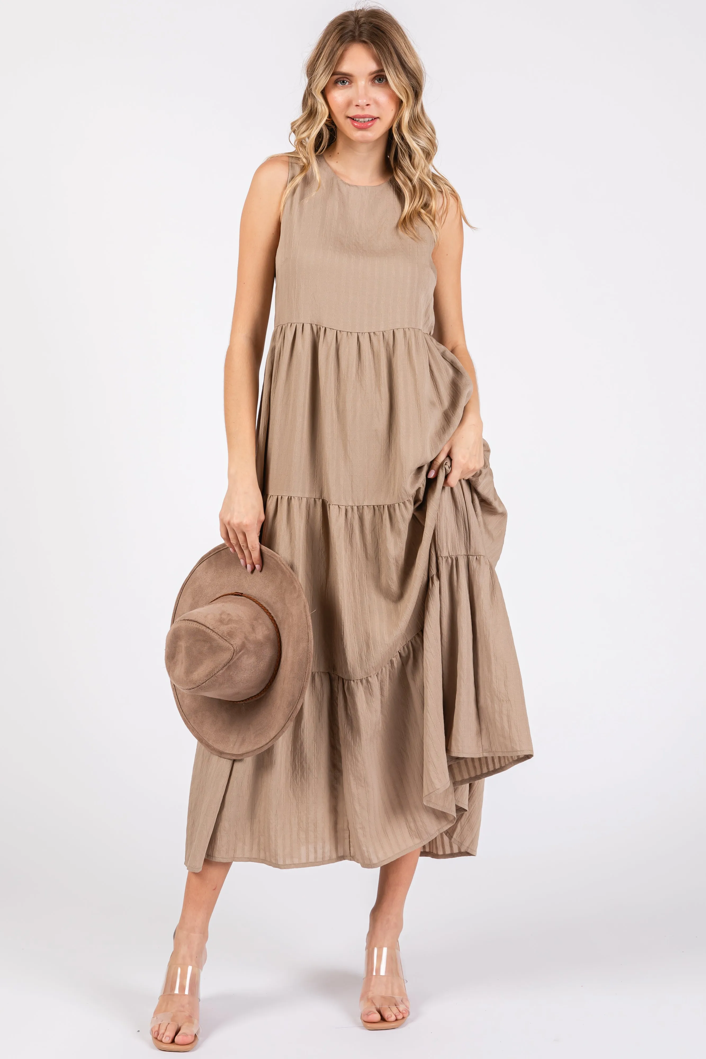Mocha Sleeveless Tiered Maxi Dress sold by Pinkblush