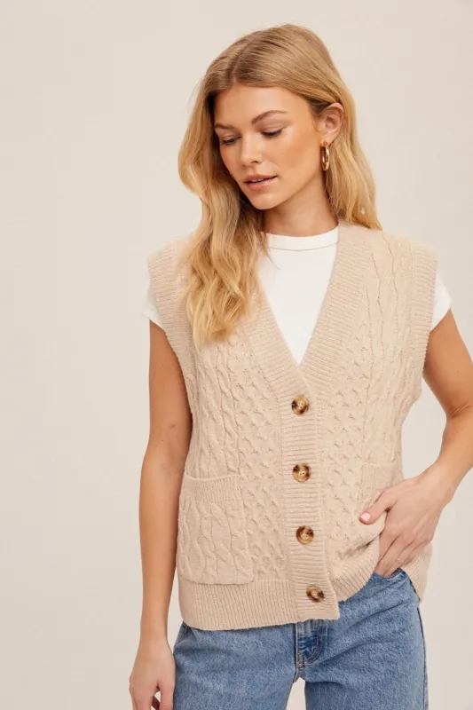 Beige Cable Knit Oversized Sweater Vest With Pockets sold by Pinkblush