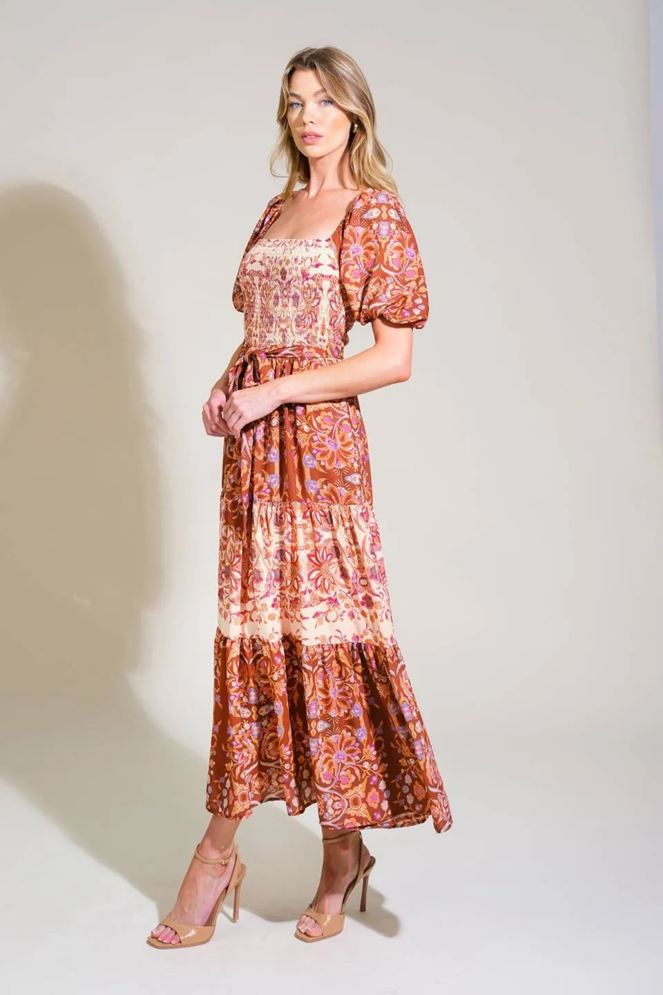 Taupe Brown Floral Colorblock Midi Dress sold by Pinkblush product image thumbnail 4