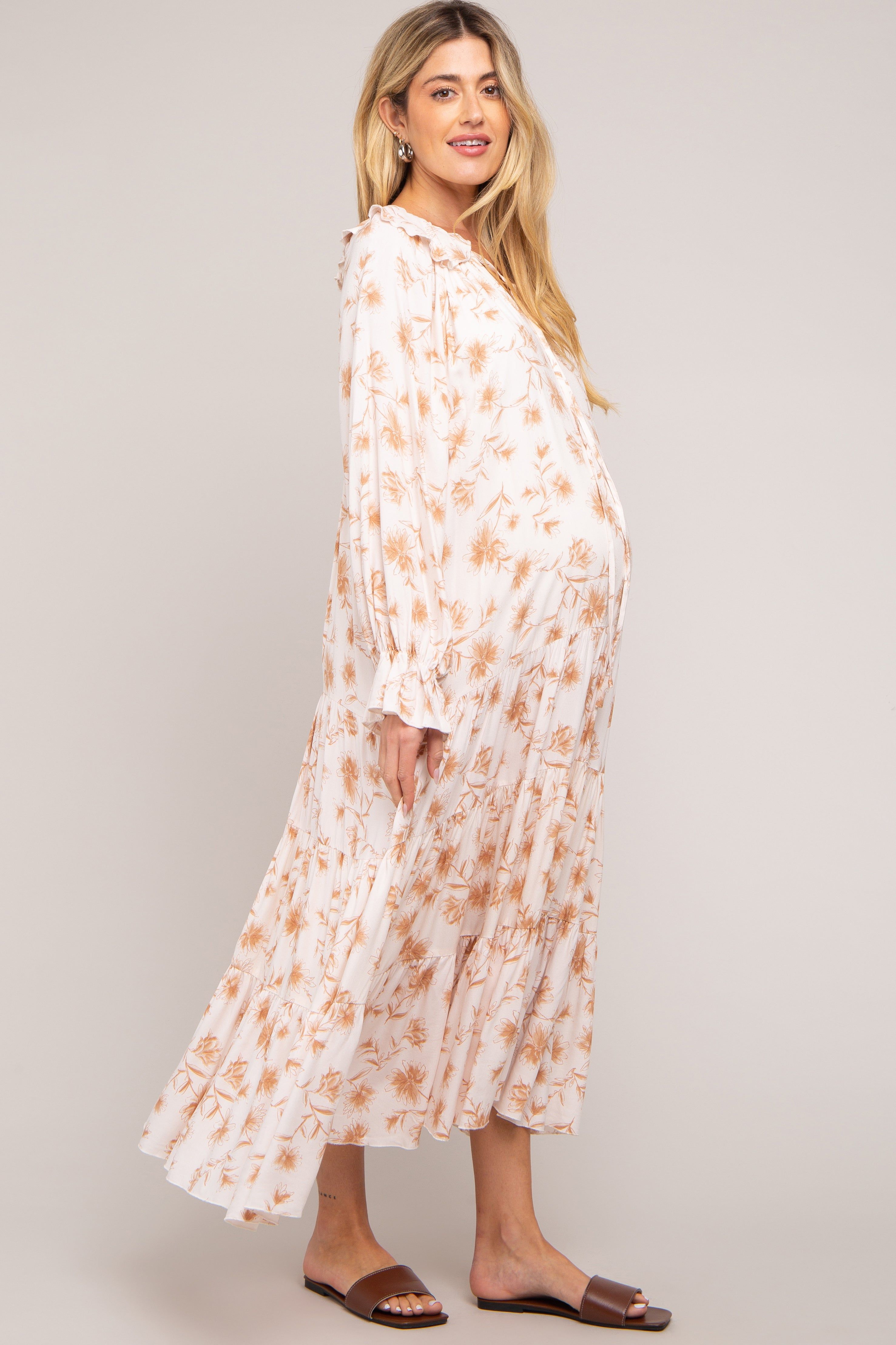 Taupe Floral Ruffle Long Sleeve Tiered Maternity Maxi Dress sold by Pinkblush product image thumbnail 2