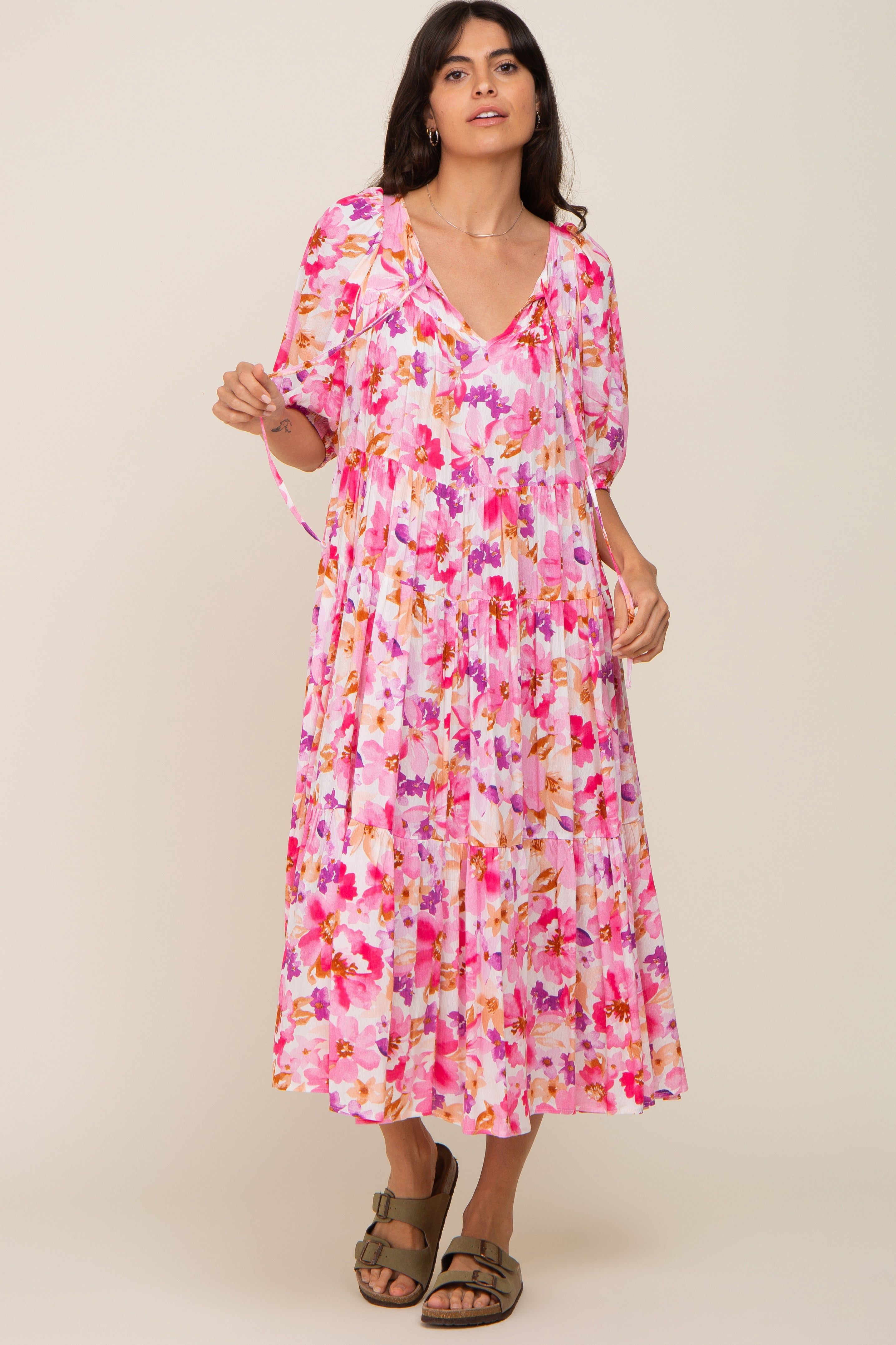 Fuchsia Floral Tiered Short Sleeve Midi Dress sold by Pinkblush product image thumbnail 6