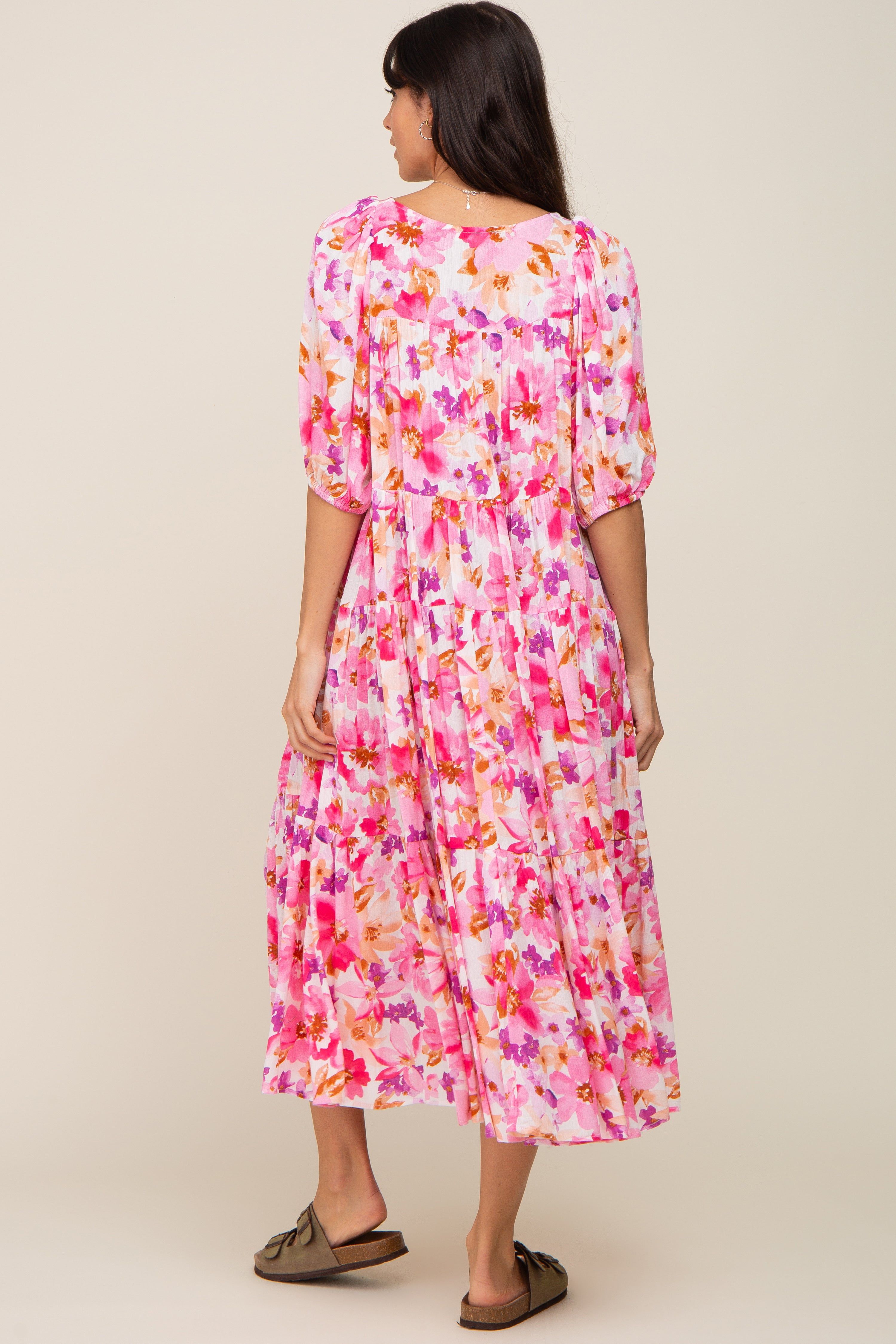 Fuchsia Floral Tiered Short Sleeve Midi Dress sold by Pinkblush product image thumbnail 3