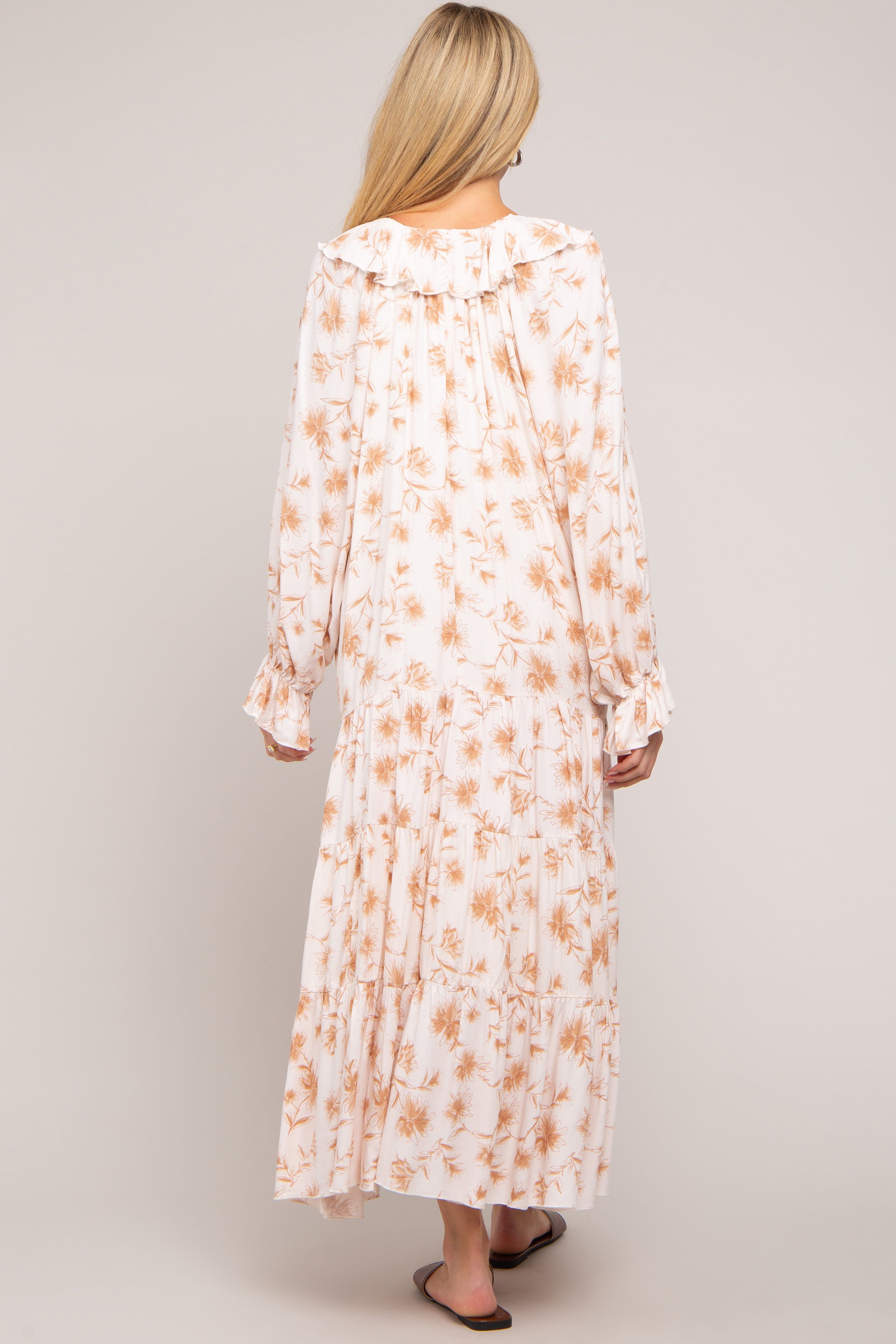 Taupe Floral Ruffle Long Sleeve Tiered Maternity Maxi Dress sold by Pinkblush product image thumbnail 3