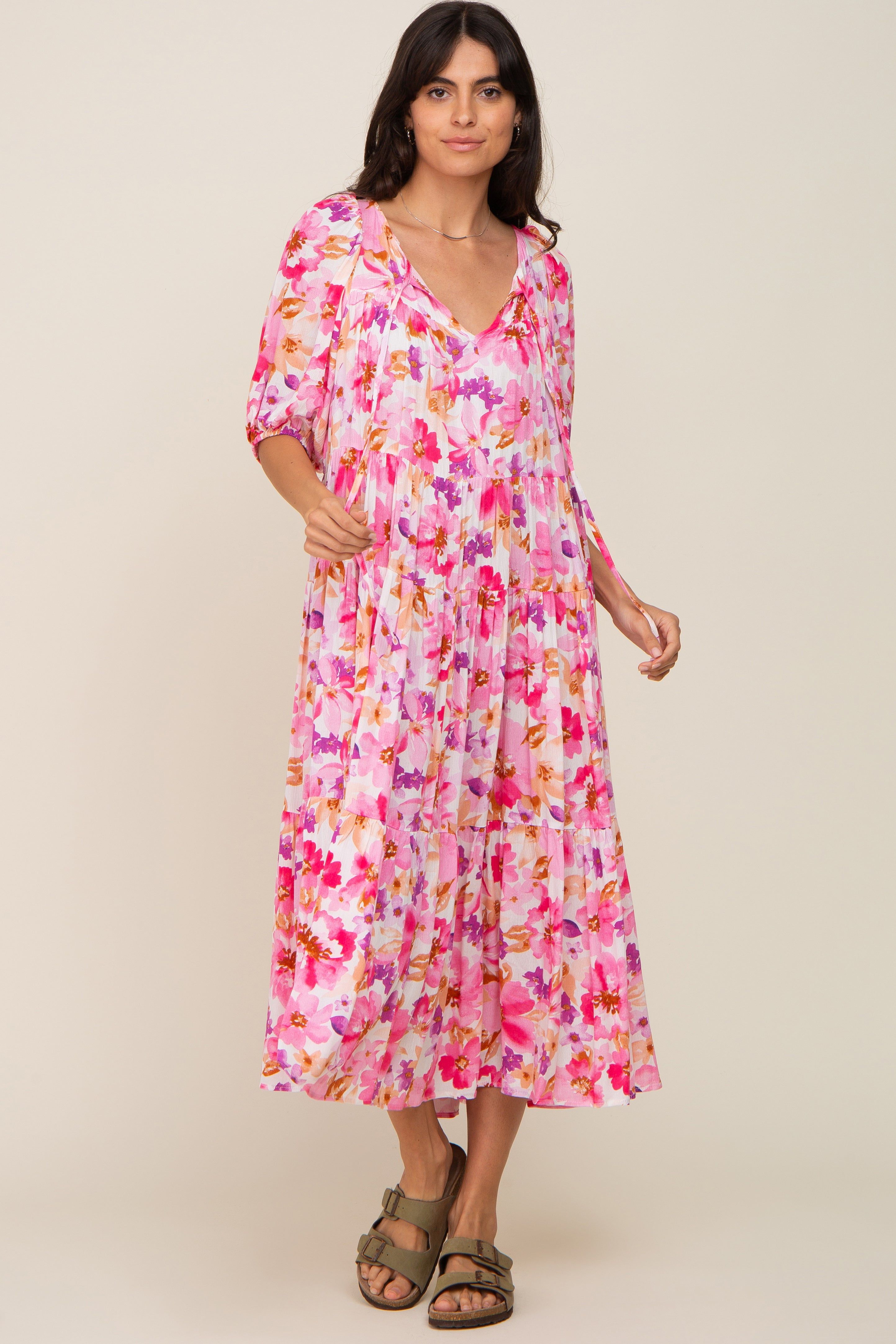 Fuchsia Floral Tiered Short Sleeve Midi Dress sold by Pinkblush product image thumbnail 4